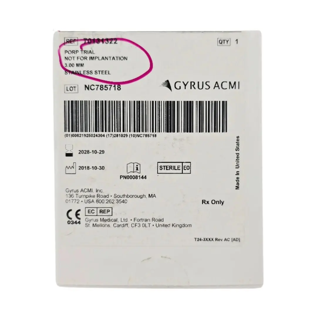 Gyrus ACMI 70131322 Prop Trial 3.0mm Stainless Steel Trial  (Not for Implantation) 1/EA