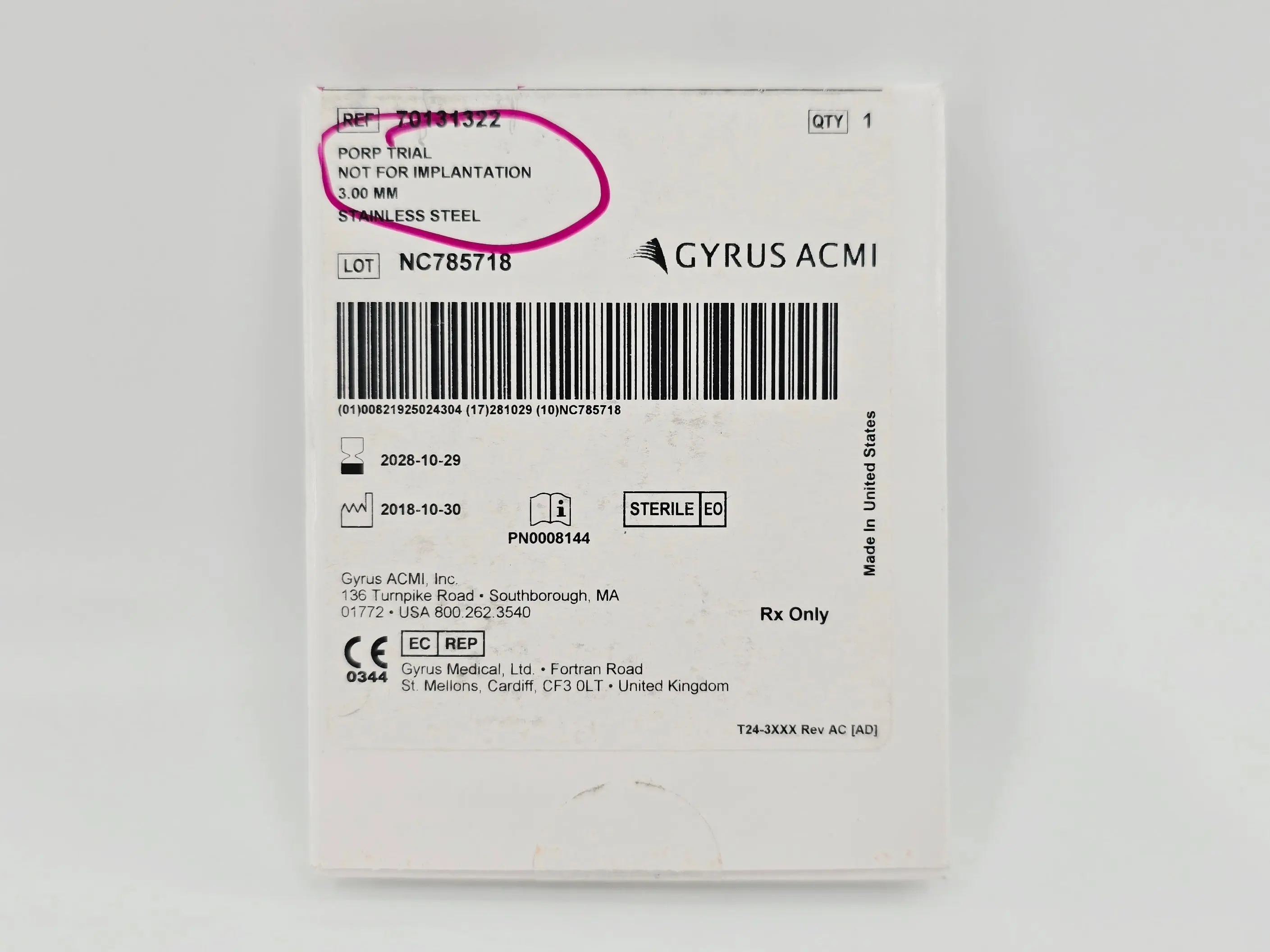Gyrus ACMI 70131322 Prop Trial 3.0mm Stainless Steel Trial  (Not for Implantation) 1/EA - Image 2