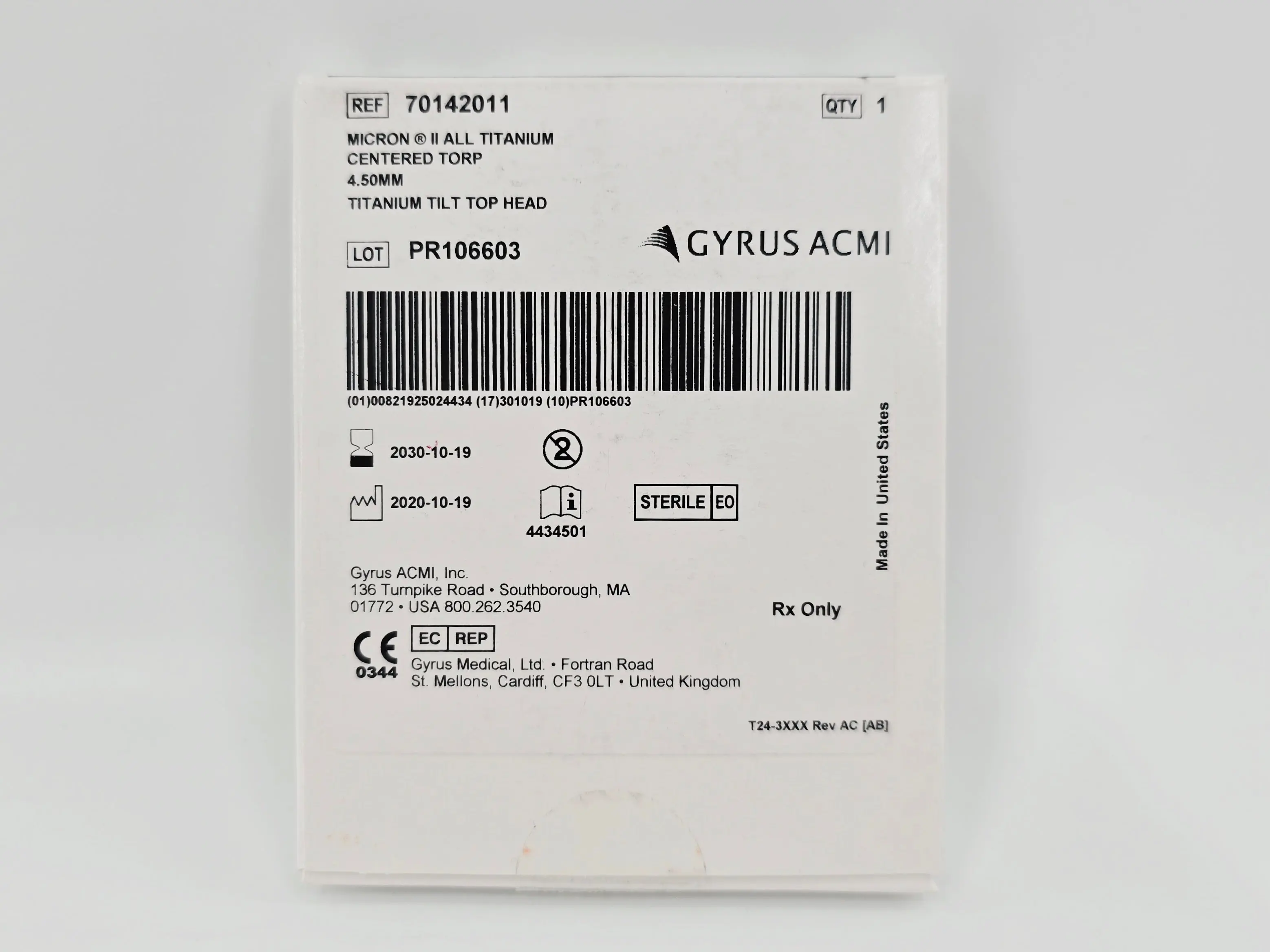 Gyrus ACMI 70142011 Micron II All Titanium Centered Torp 4.50mm 1/EA - Image 2