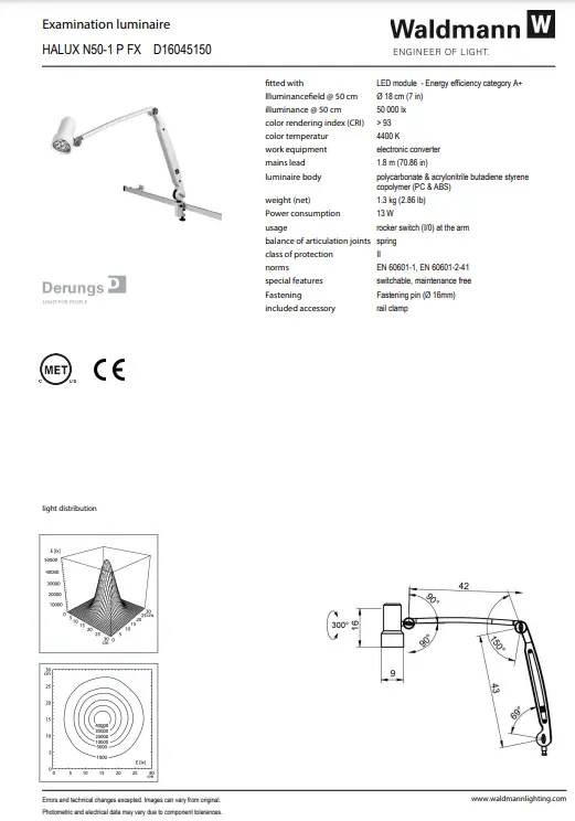 Waldmann HALUX LED N50 Exam Light-1 P FX, 4400K, Double Arm - Rail Mount - Image 4