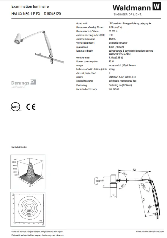 Waldmann HALUX LED N50 Exam Light-1 P FX, 4400K, Double Arm - Wall Mount - Image 3
