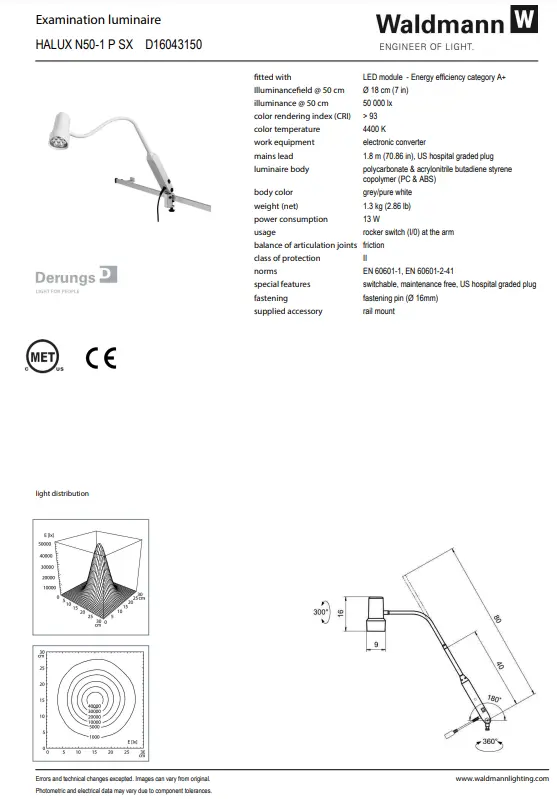 Waldmann HALUX LED N50 Exam Light-1 P SX, 4400K Gooseneck - Rail Mount - Image 3