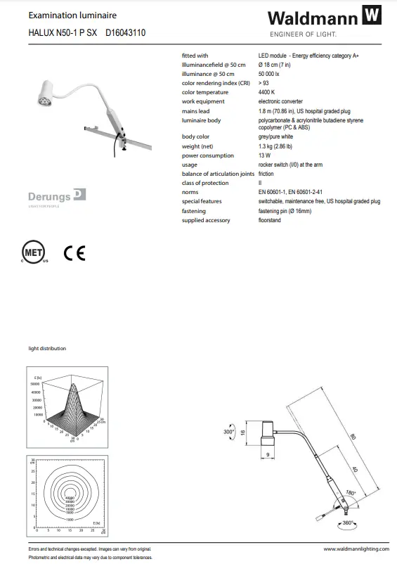 Waldmann HALUX LED N50 Exam Light-1 P SX, 4400K Gooseneck - Roller Stand - Image 3