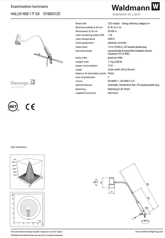 Waldmann HALUX LED N50 Exam Light-1 P SX, 4400K Gooseneck - Wall Mount - Image 3