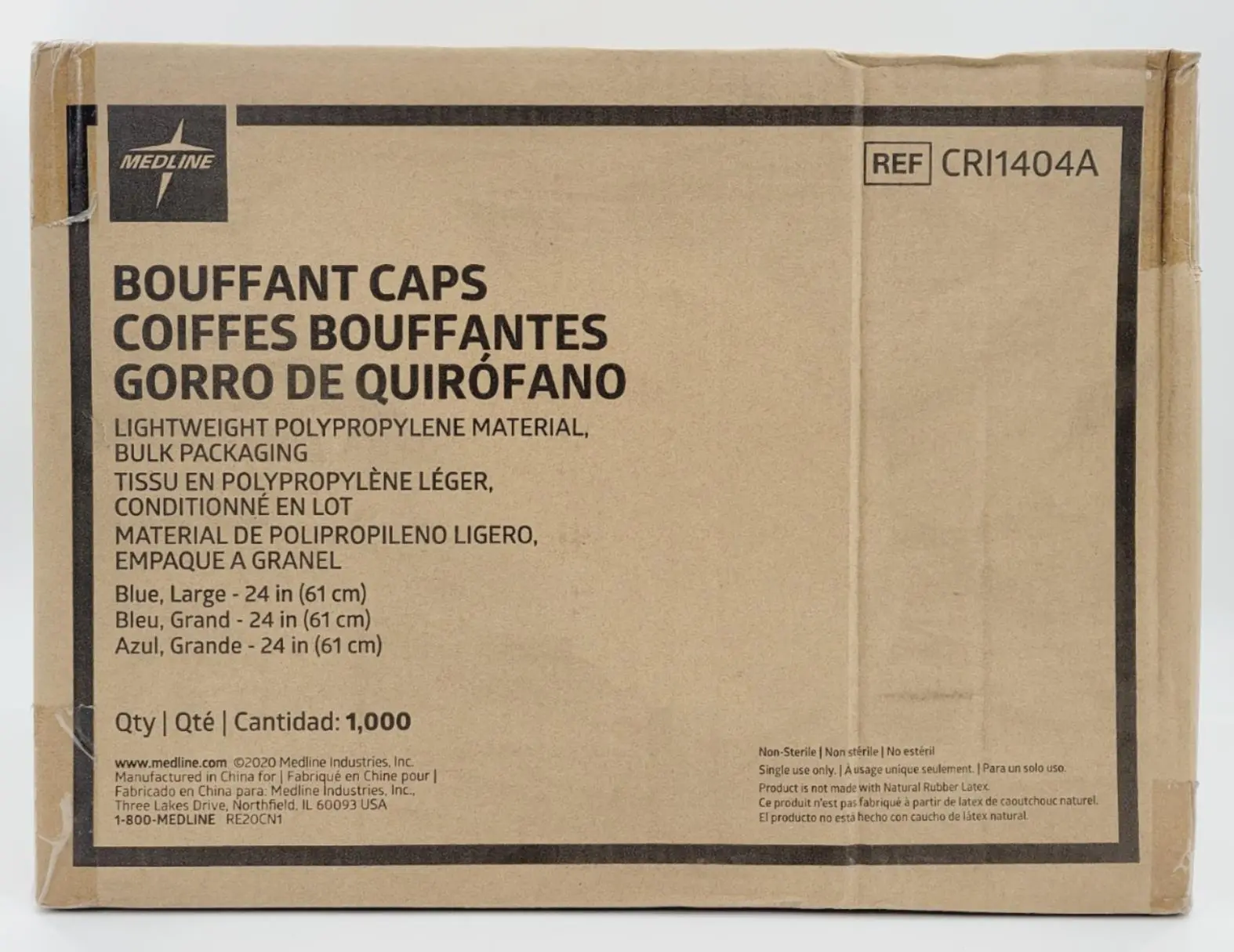 Medline CRI1404A Bouffant Cap 24" Blue Polypropylene Universal Size Case of 1000 - Image 3