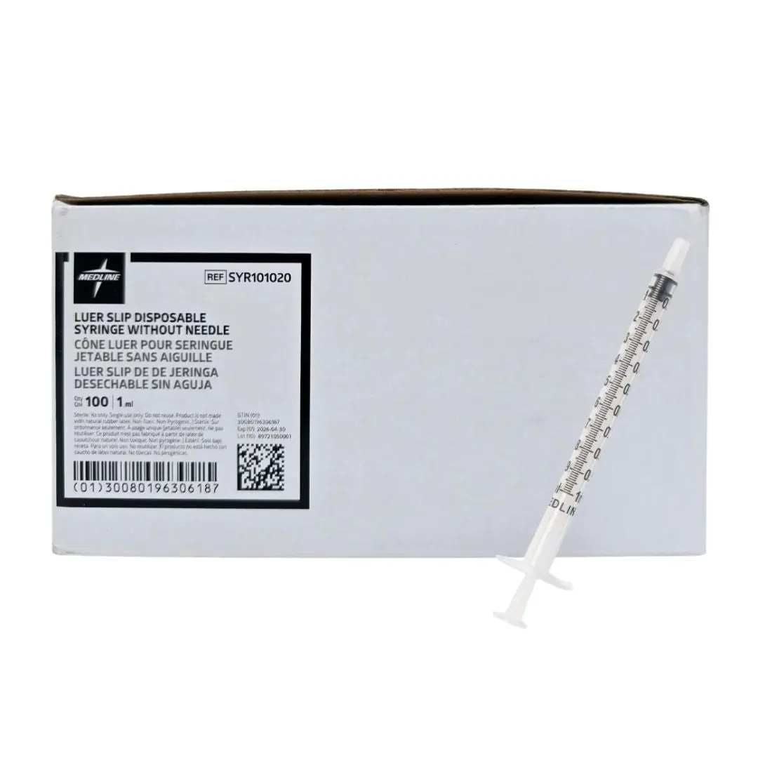 Medline SYR101020 Luer Slip Disposable Syringe w/o Needle Sterile 1ml BX/100