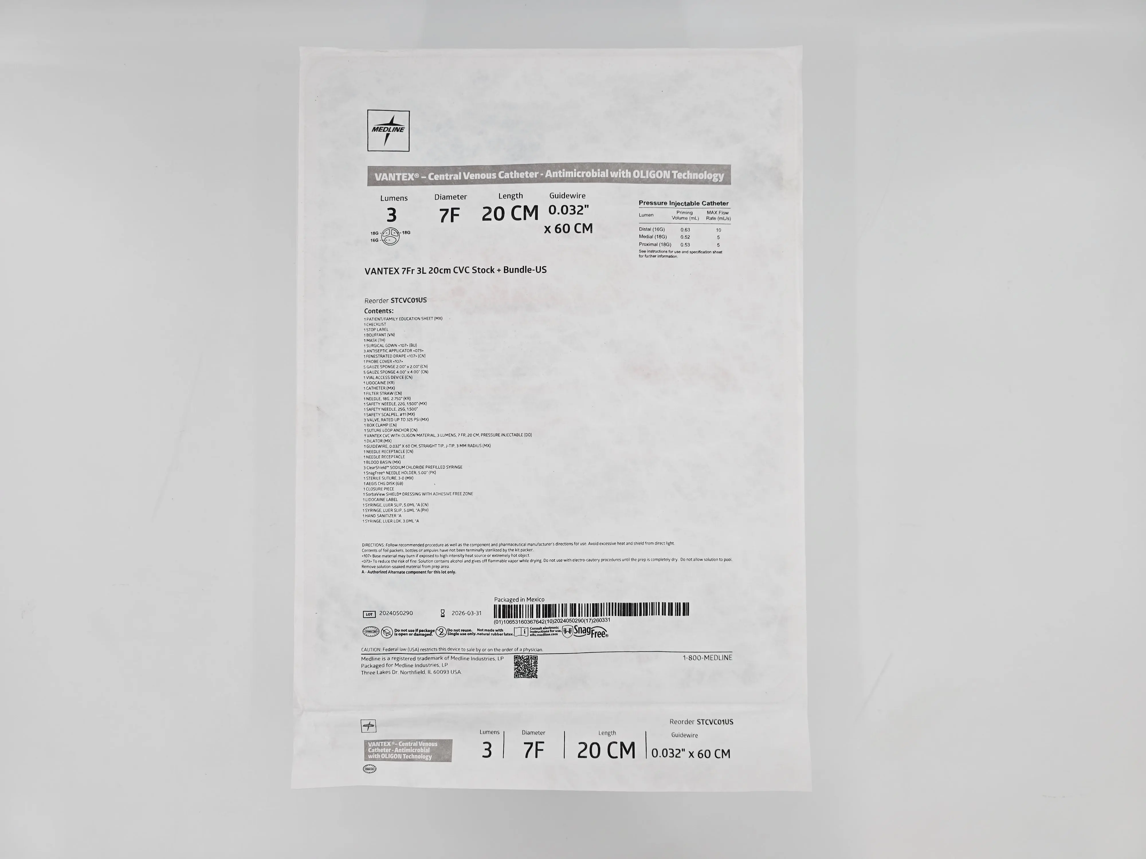 Medline STCVC01US VANTEX 7FR 3L 20cm CVC Stock + Bundle-US Central Venous Catheter Antimicrobial w/ OLIGON Technology CS/5 - Image 2