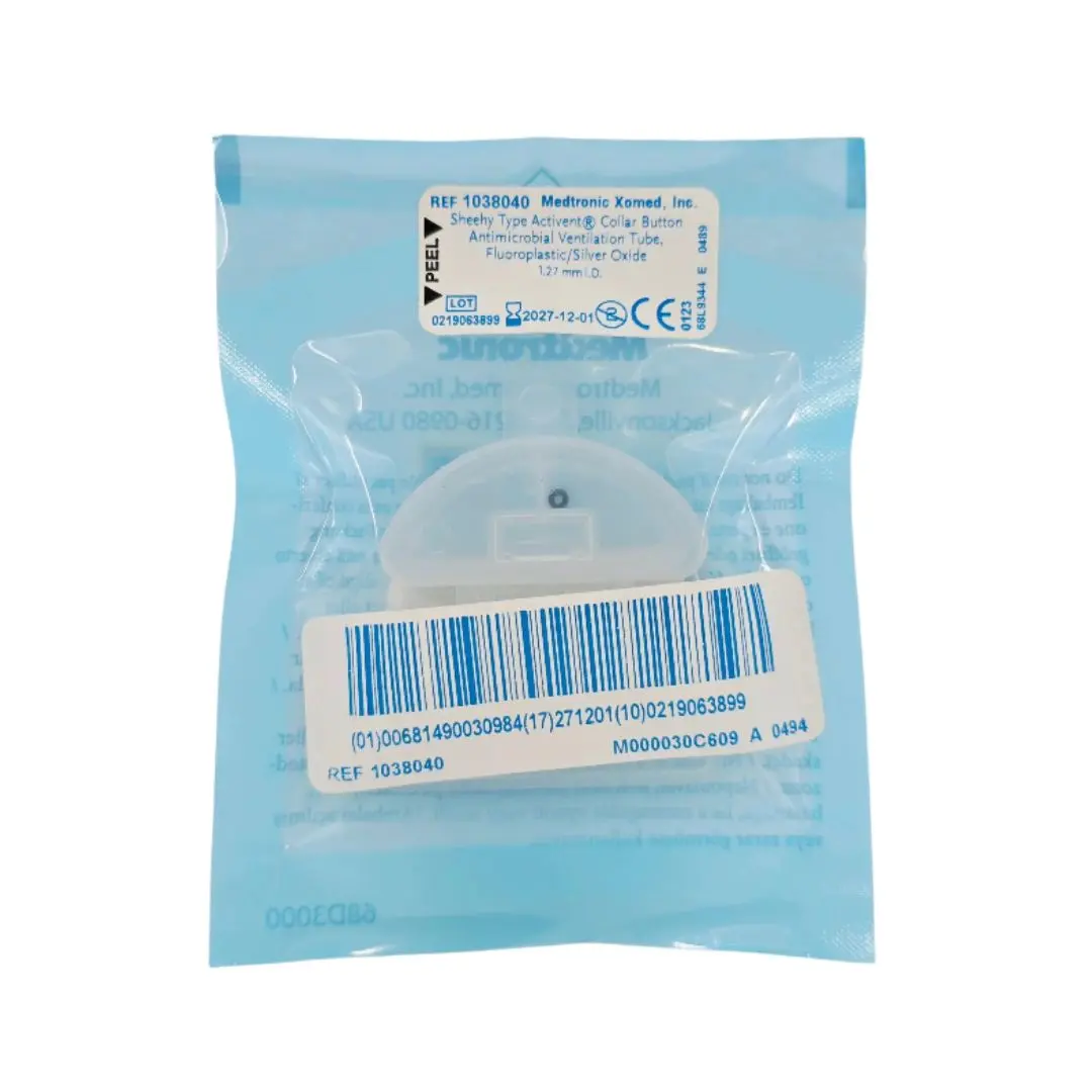 Medtronic 1038040 Sheehy Type Activent Collar Button Antimicrobial Ventilation Tube, Fluoroplastic/Silver Oxide 1.27mm I.D. 1/EA