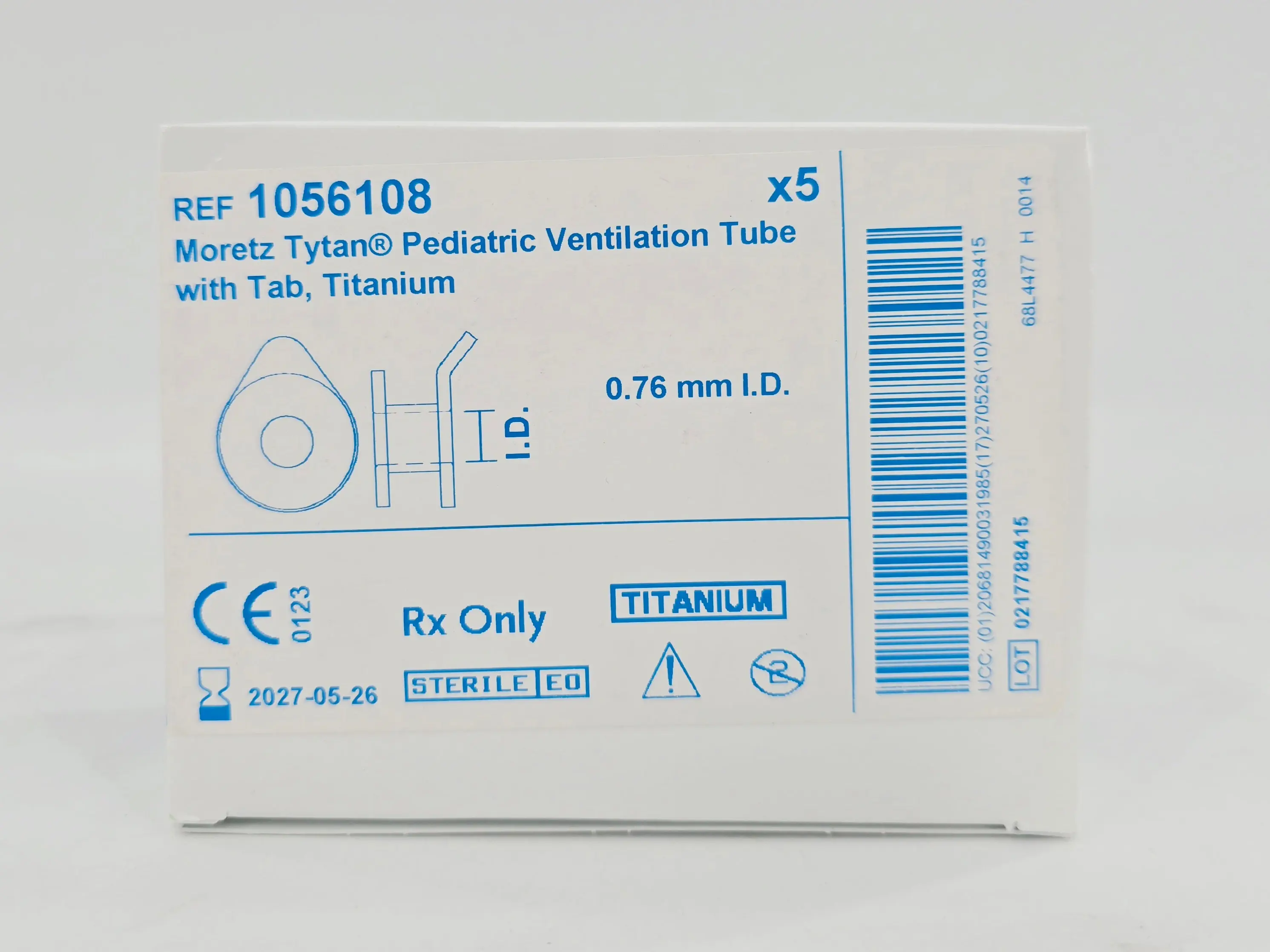 Medtronic 1056108 Moretz Tytan Pediatric Ventilation Tube w/ Tab, Titanium 0.76mm I.D. 5/BX - Image 2
