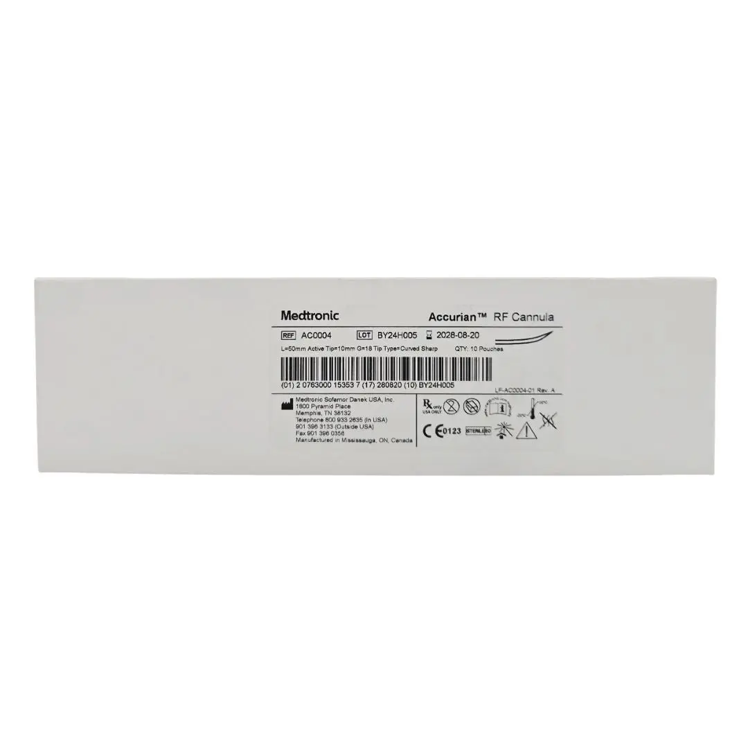 Medtronic AC0004 Accurian RF Cannula Curved Sharp 18G 10mm 50mm Length BX/10