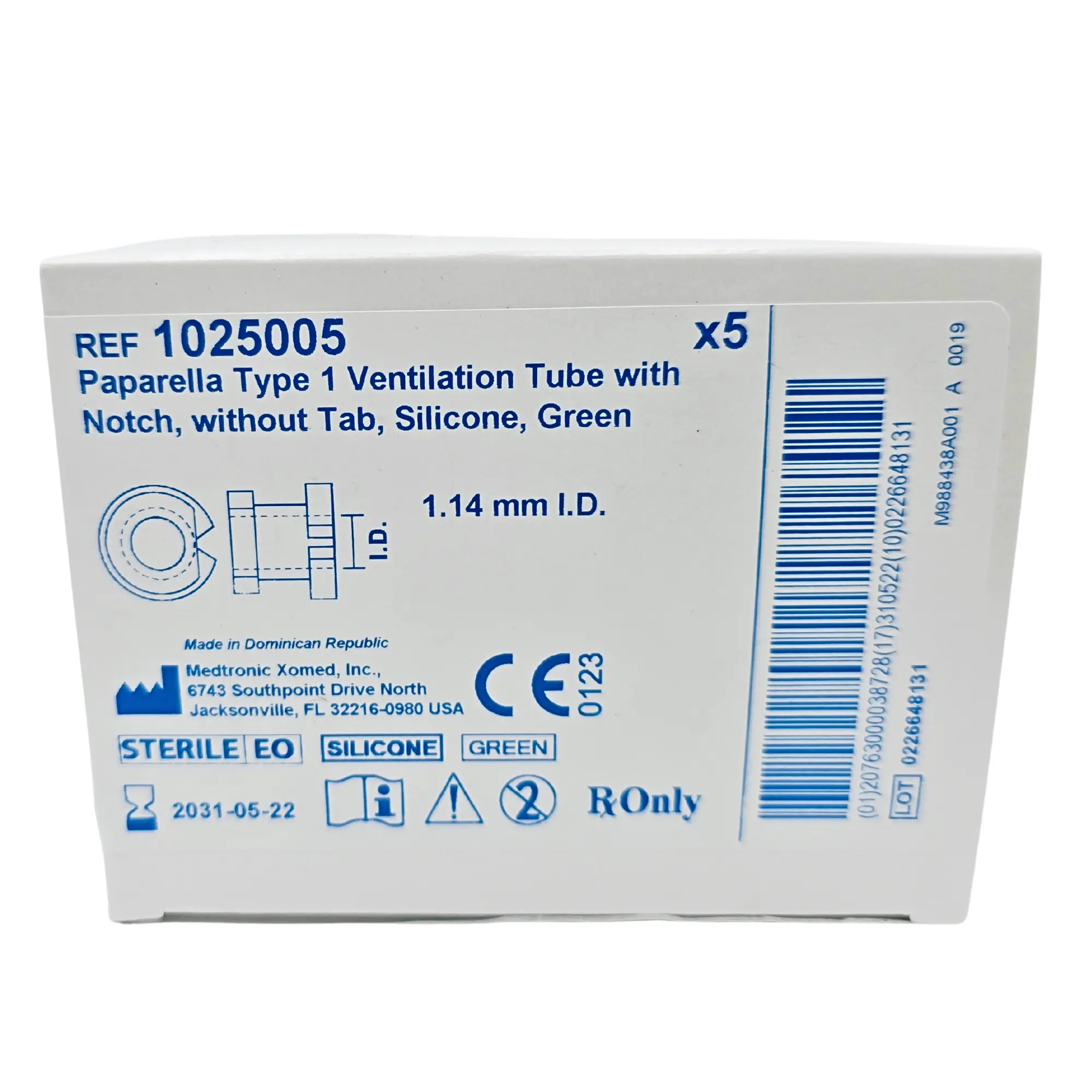 Medtronic Xomed 1025005 Paparella-Type Vent Tube - 1.14mm ID, Silicone with Notch (Box of 5) - Image 2