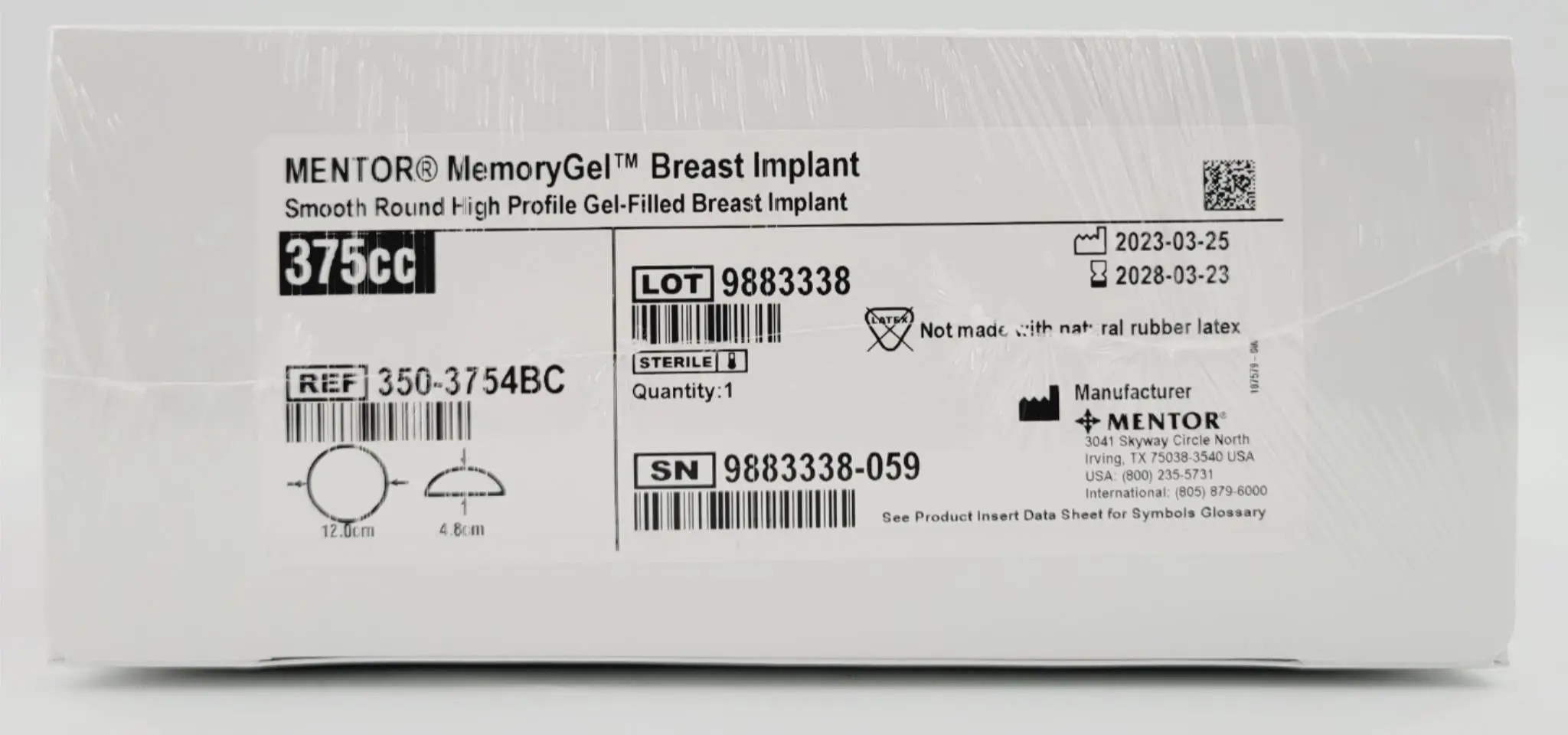 Mentor 350-3754BC Memory Gel High Profile Breast Implant 375CC - Image 2
