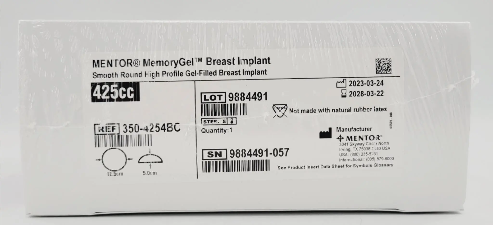 Mentor 350-4254BC Memory Gel High Profile Gel Breast Implant 425cc - Image 2