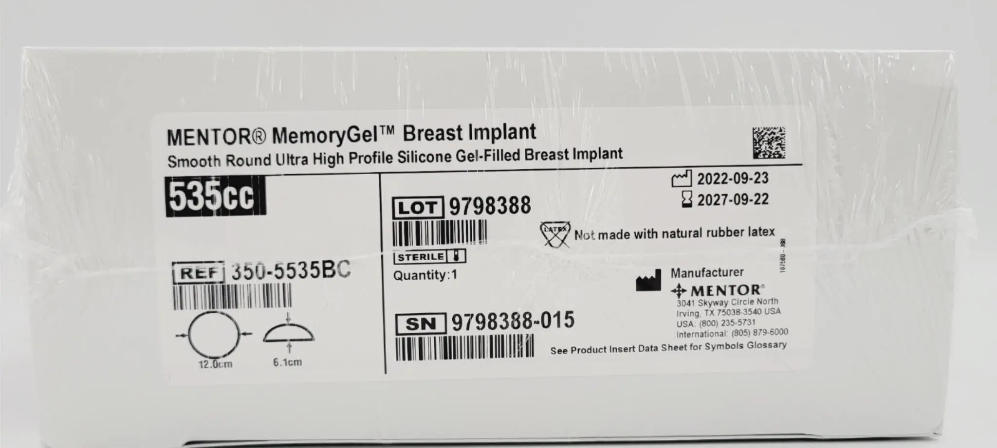 Mentor 350-5535BC Memory Gel Ultra High Breast Implant 535cc - Image 2
