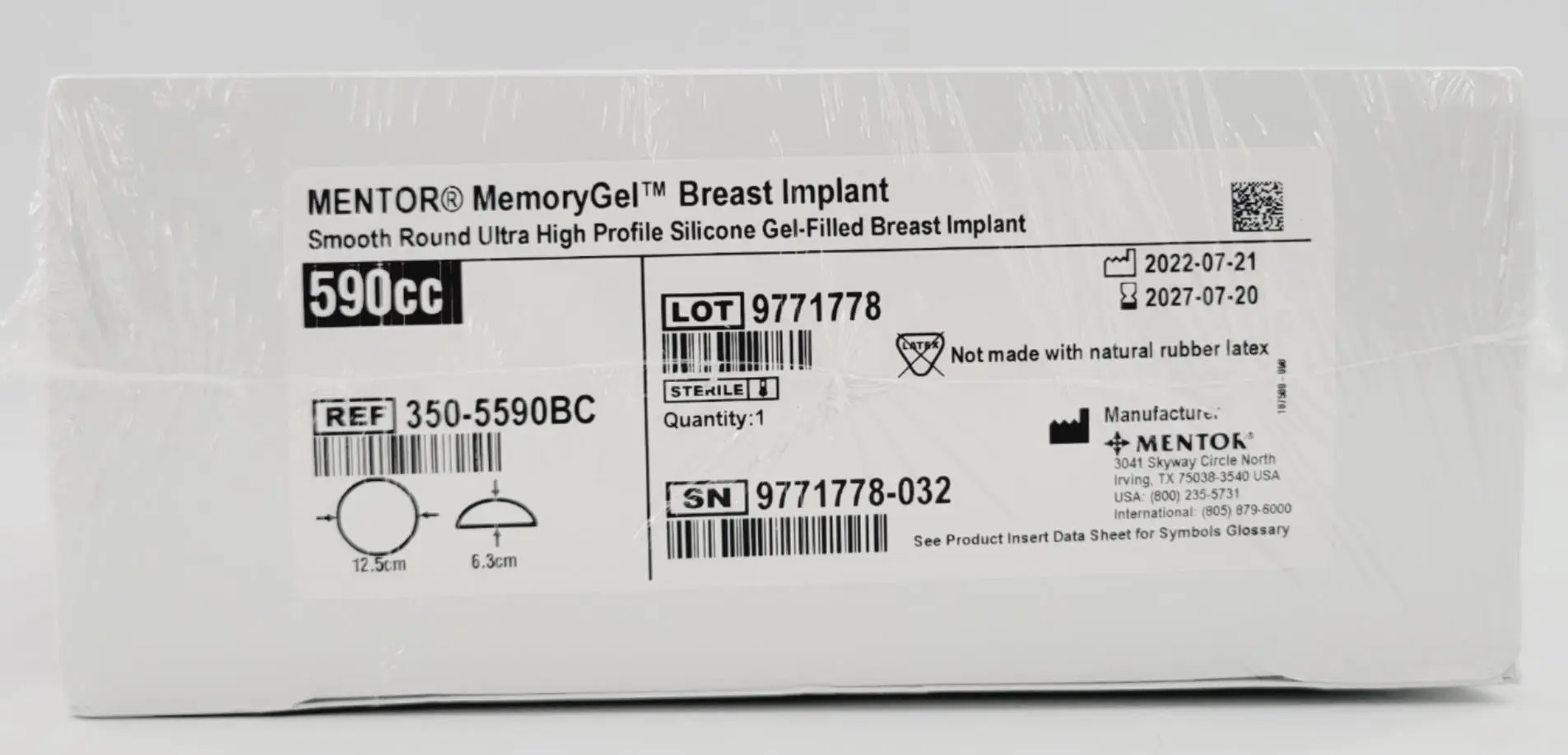 Mentor 350-5590BC Memory Gel Ultra High Breast Implant 590cc - Image 2