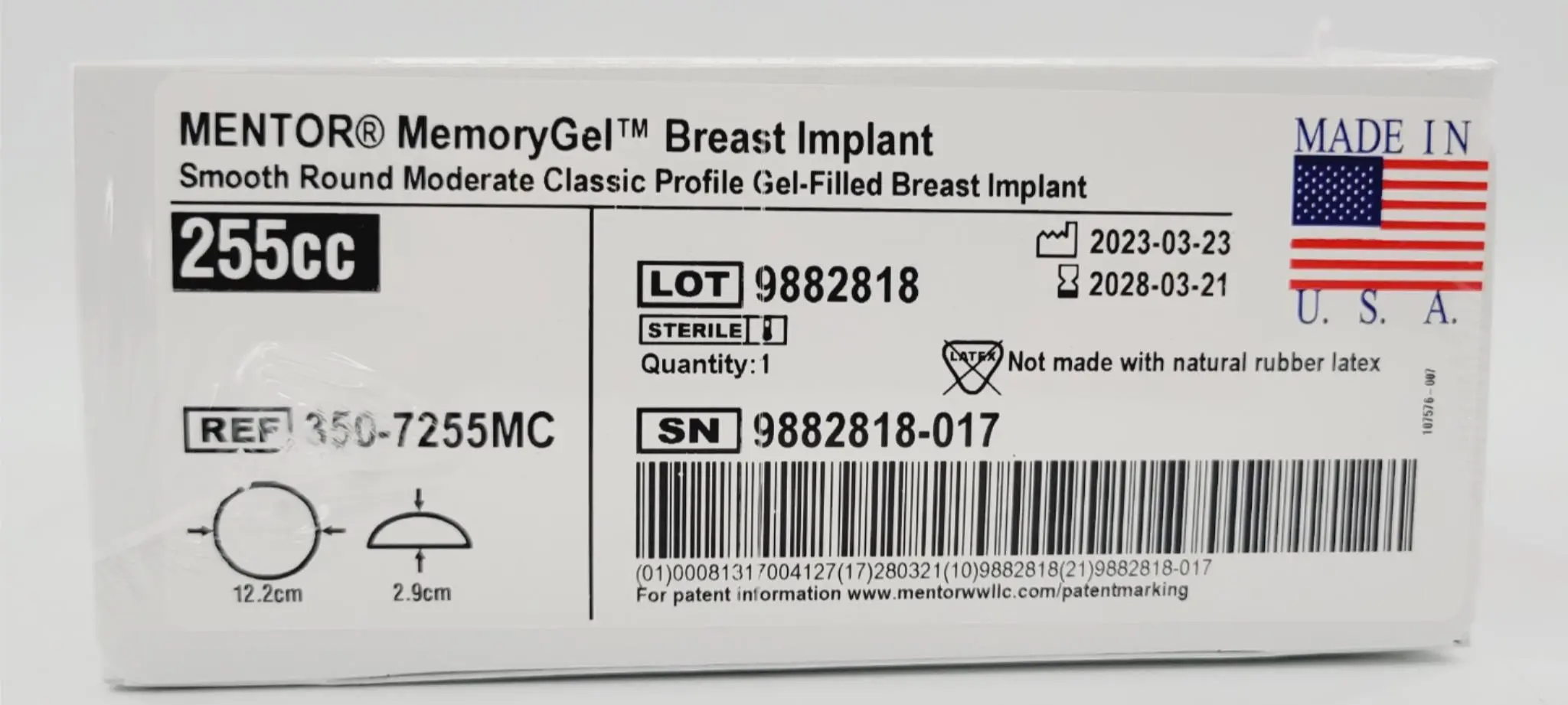 Mentor 350-7255MC Memory Gel Moderate Classic Breast Implant 255cc - Image 2