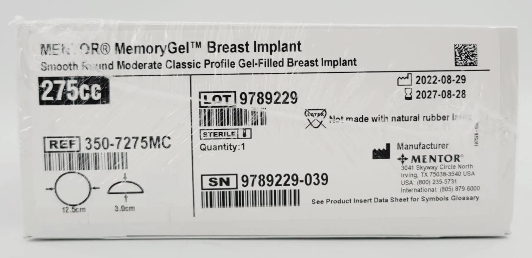 Mentor 350-7275MC Memory Gel Moderate Classic Breast Implant 275cc - Image 2