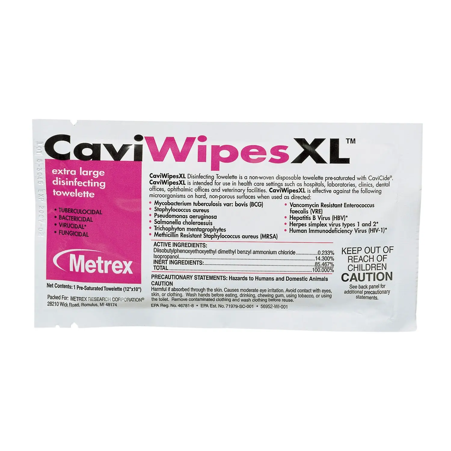 METREX 13-1155 CAVIWIPES DISINFECTING TOWELETTES XL CaviWipes, Single, 50/bx, 6 bx/cs (42 cs/plt) (091265)