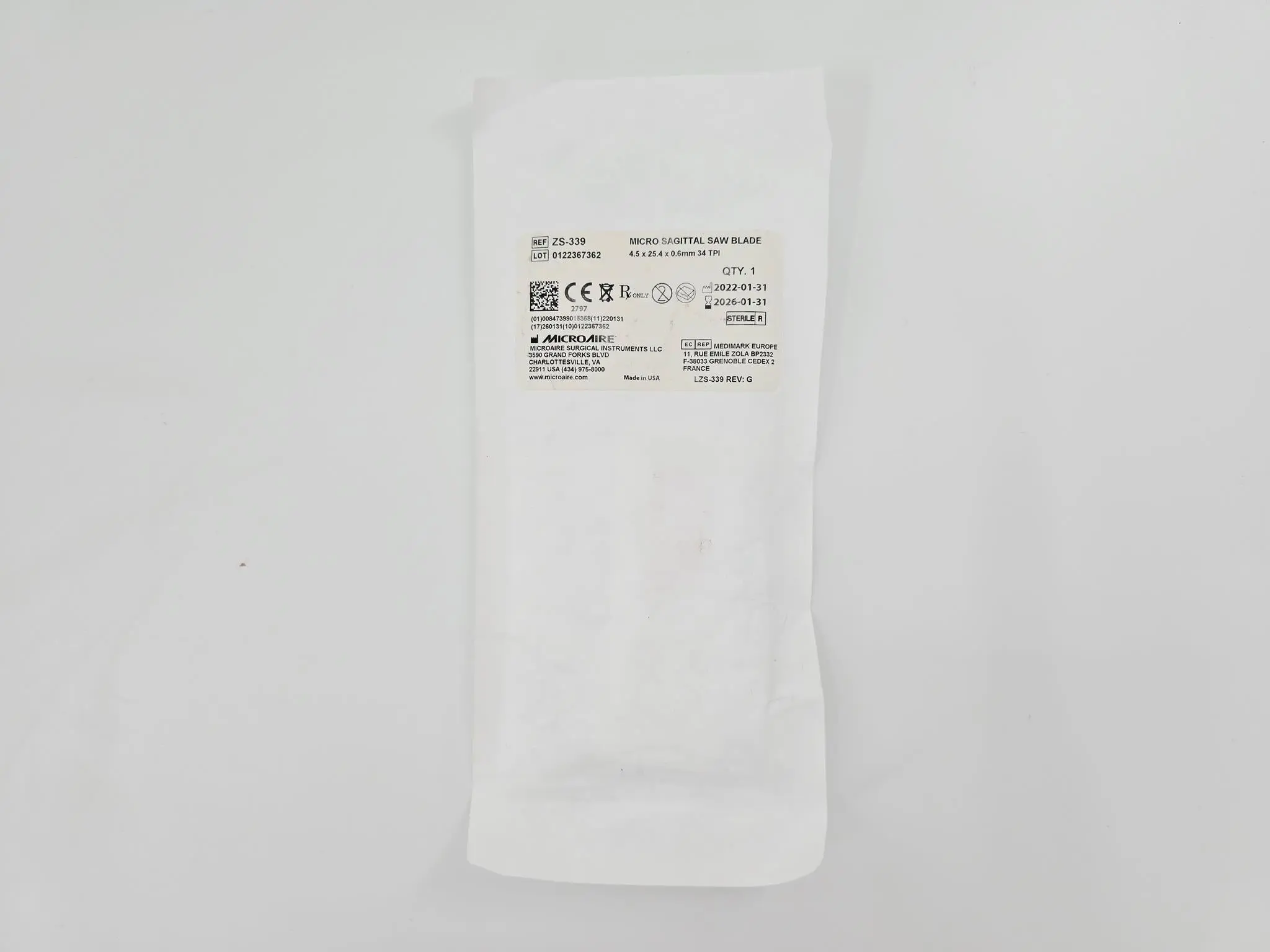 MicroAire ZS-339 Micro Sagittal Saw Blade 4.5mm x 25.5mm x .4mm - Image 2
