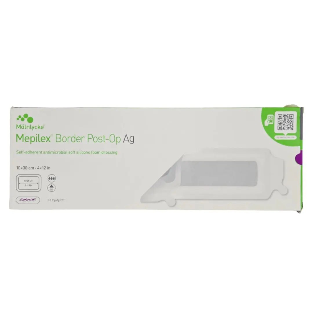 Molnlycke 498600 Mepilex Border Post-Op Ag 4" x 12" Self-Adherent Microbial Soft Silicone Foam Dressing BX/5