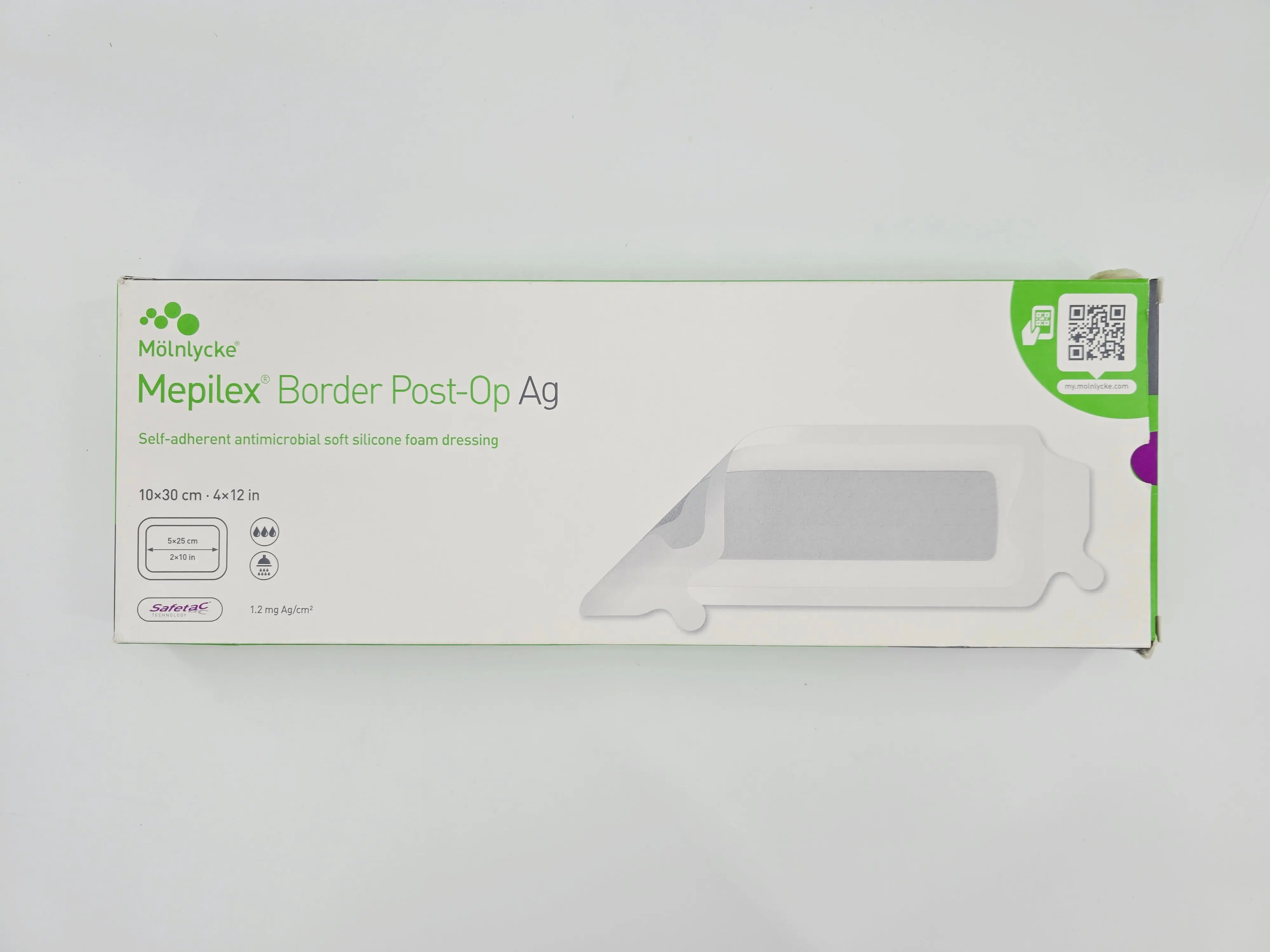 Molnlycke 498600 Mepilex Border Post-Op Ag 4" x 12" Self-Adherent Microbial Soft Silicone Foam Dressing BX/5 - Image 2