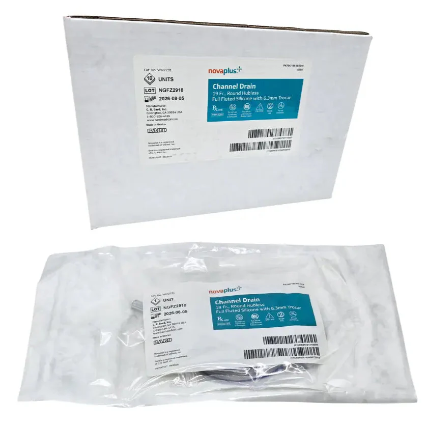 Novaplus V072231 Channel Drain 19Fr. Round Hubless Full Fluted with 6.3mm Trocar