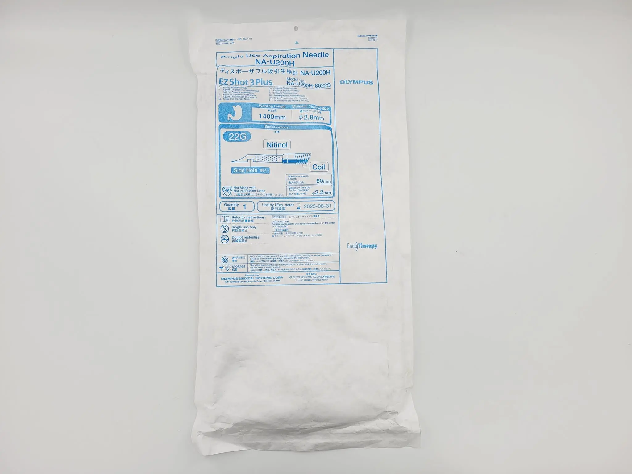 Olympus NA-U200H-8022S EZ Shot 3 Plus Single Use Aspiration Needle 22G Coil Side Hole - Image 2