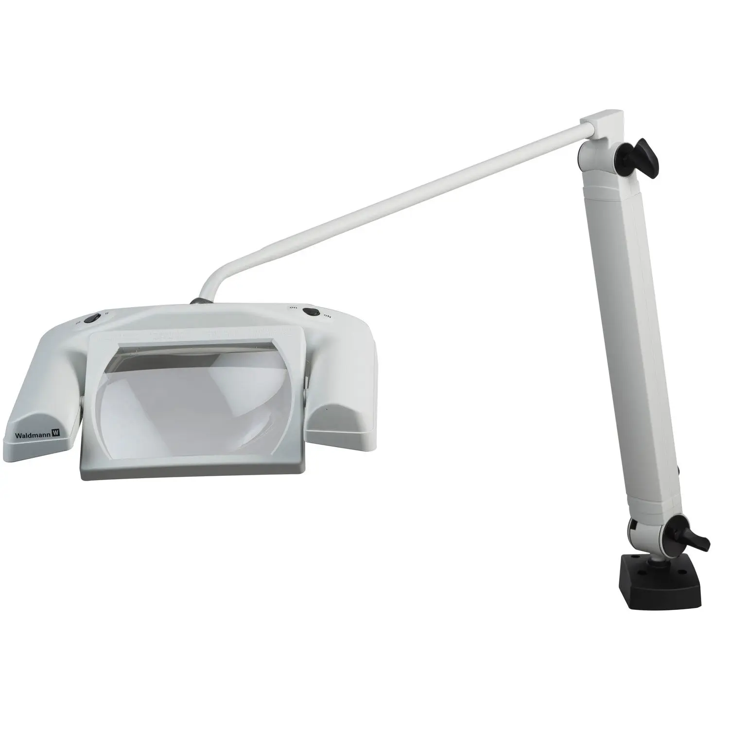 Waldmann OMNIVUEMAX LED Magnifier, 43" articulating arm, 120 V, 1500 lm,12 W, 3 diopters (1.75X), 5000 K, CRI >80, NEMA 5-15 plug, IP20