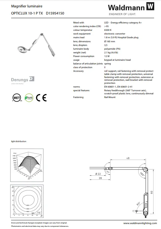 Waldmann OPTICLUX LED Magnifier 10-1 P TX, 12W, 100-240V - Rail Mount *Rail sold separately - Image 2