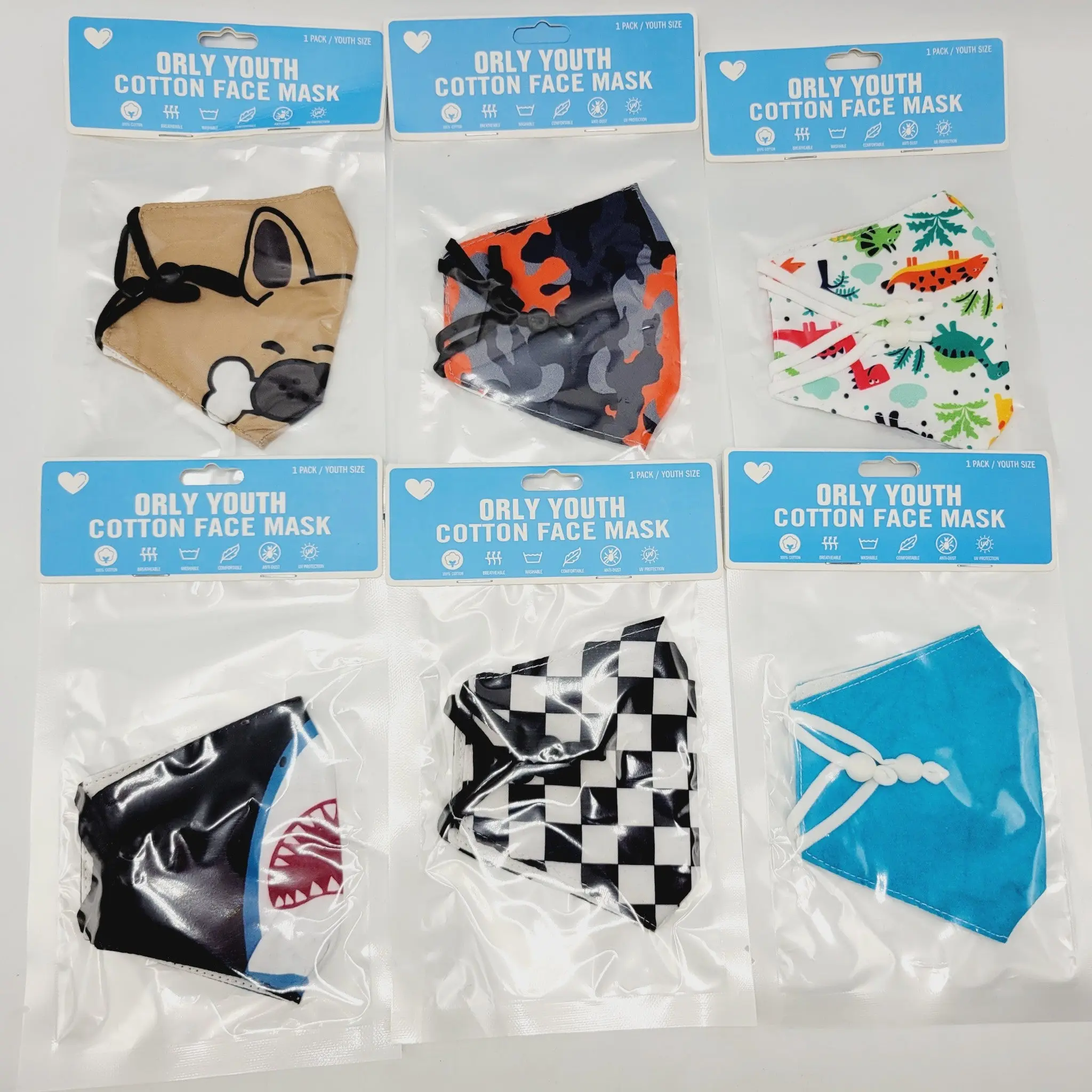 Orly (6 Pack) 100% Cotton Reusable Kids Face Masks Covering Eco-Friendly HB-0044 - Image 2