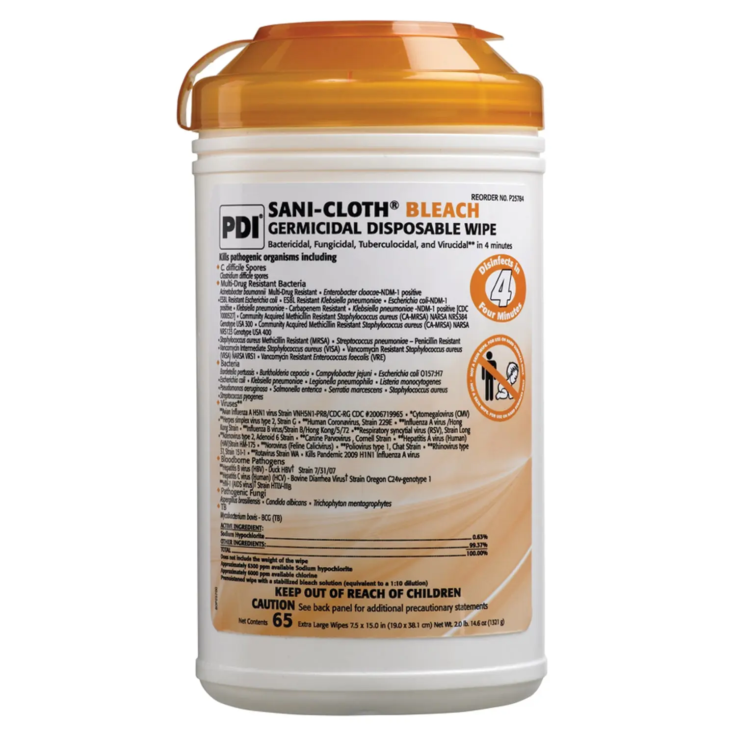 PDI P25784 SANI-CLOTH BLEACH GERMICIDAL DISPOSABLE WIPE Bleach Germicidal Dispsoable Wipe, X-Large, 7½" x 15", 65 wipes/can, 6 can/cs