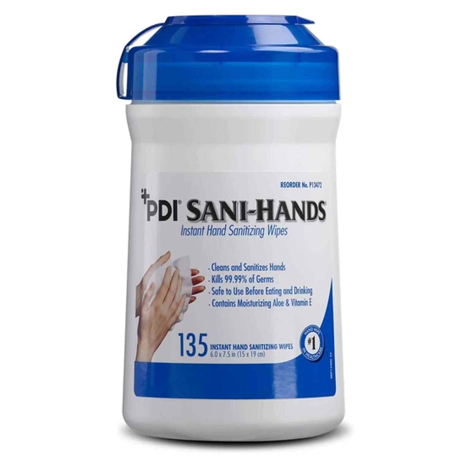 PDI P13472 SANI-HANDS INSTANT HAND SANITIZING WIPES Instant Hand Sanitizing Wipe, Medium, 6" x 7½", 135/can, 12 can/cs
