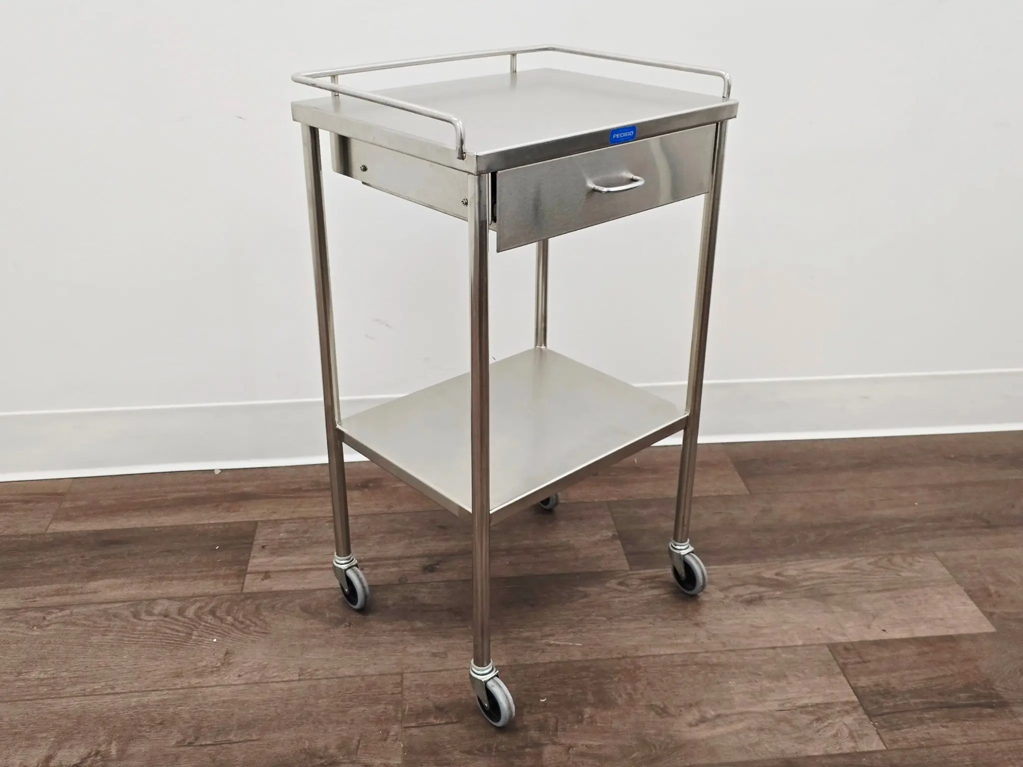 Pedigo SG-80-SS Stainless Steel Utility Cart w/ Shelf Drawer & Rail - Image 3