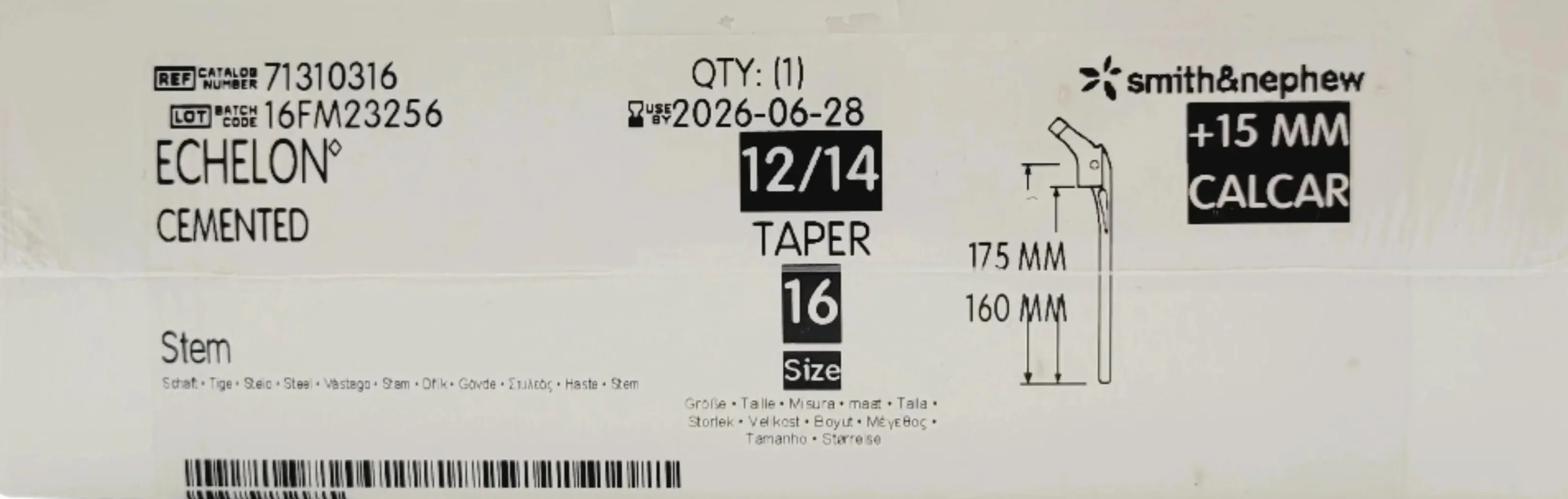 Smith & Nephew 71310316 Echelon 175mm Cemented Femoral Component Size 16