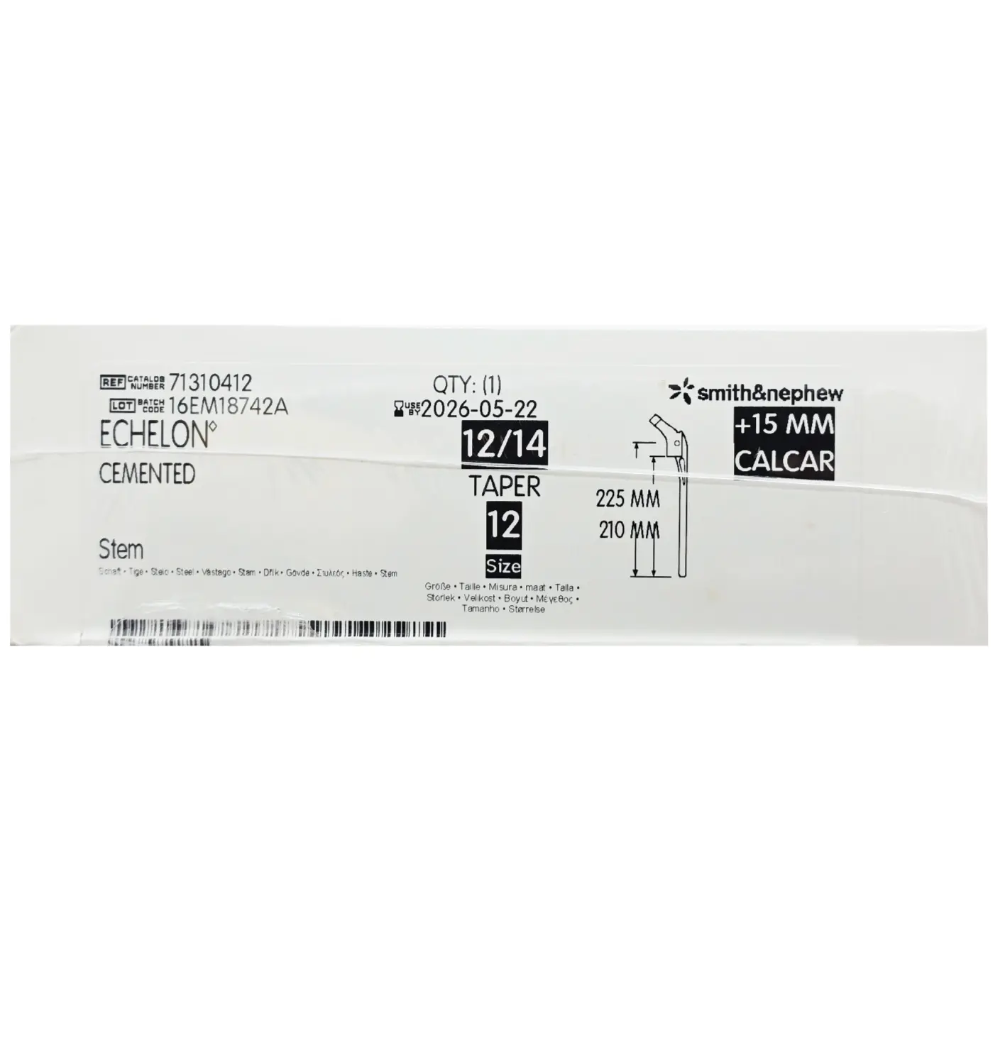 Smith & Nephew 71310412 Echelon 225mm Cemented Femoral Component 15mm Calcar Size 12