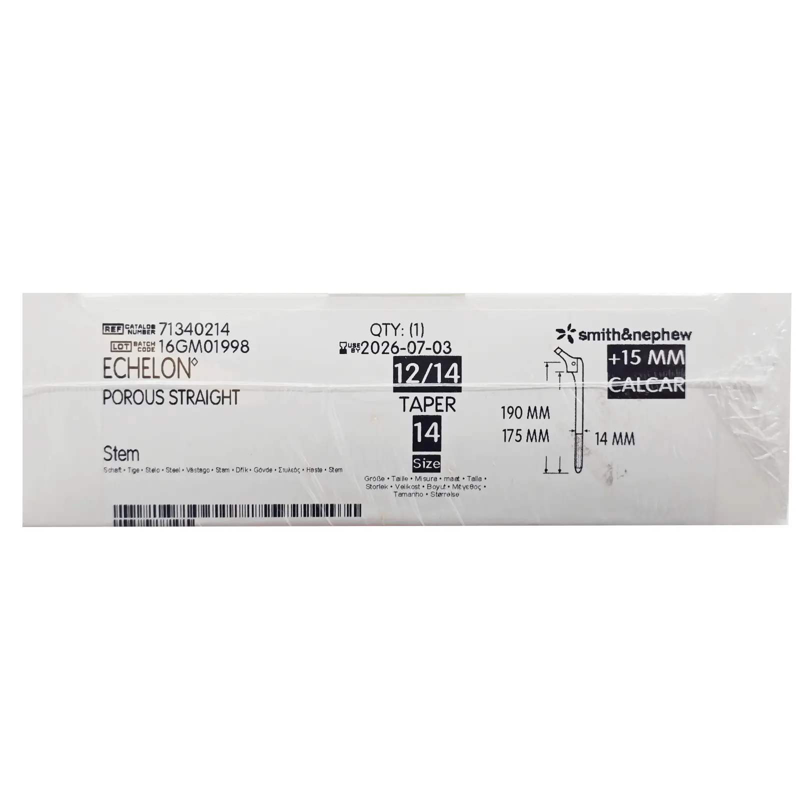 Smith & Nephew 71340214 Echelon 190mm Porous Femoral Component 15mm Calcar Size 14