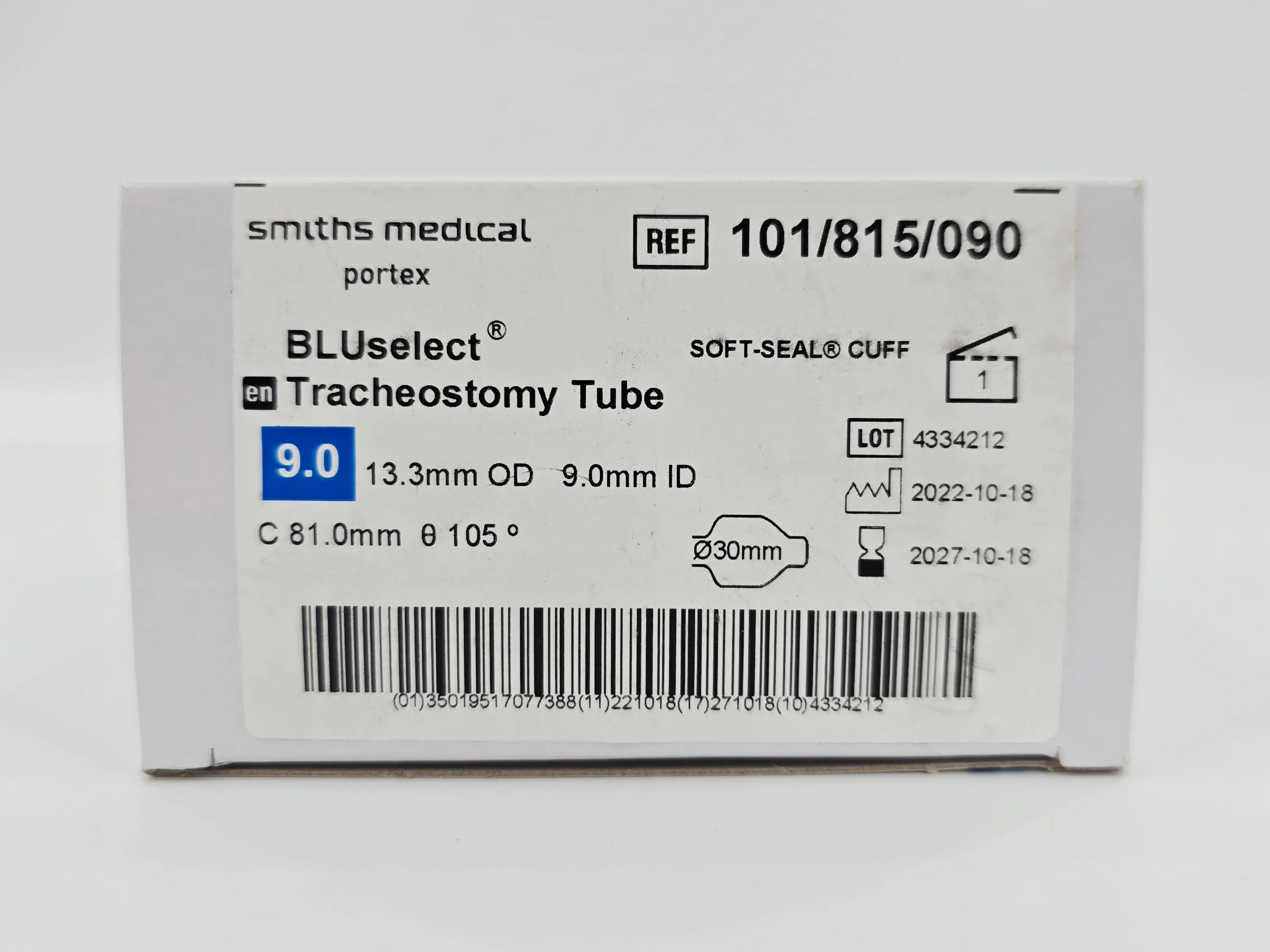 Smiths Medical 101/815/090 portex BLUselect 9.0 Tracheostomy Tube w/ Soft-Seal Cuff - Image 2