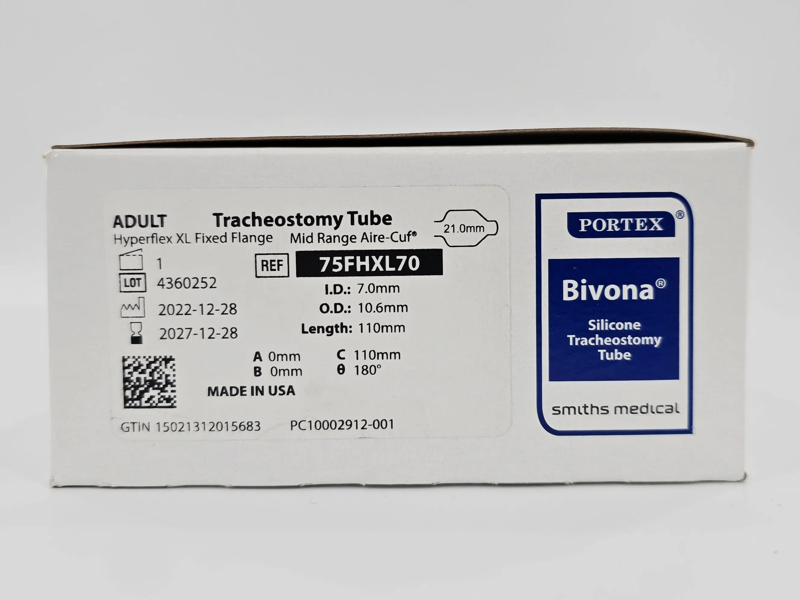 Smiths Medical 75FHXL70 Portex Bivona Adult Tracheostomy Tube 21.0mm Hyperflex XL Fixed Flange Mid Range Aire-Cuf - Image 2