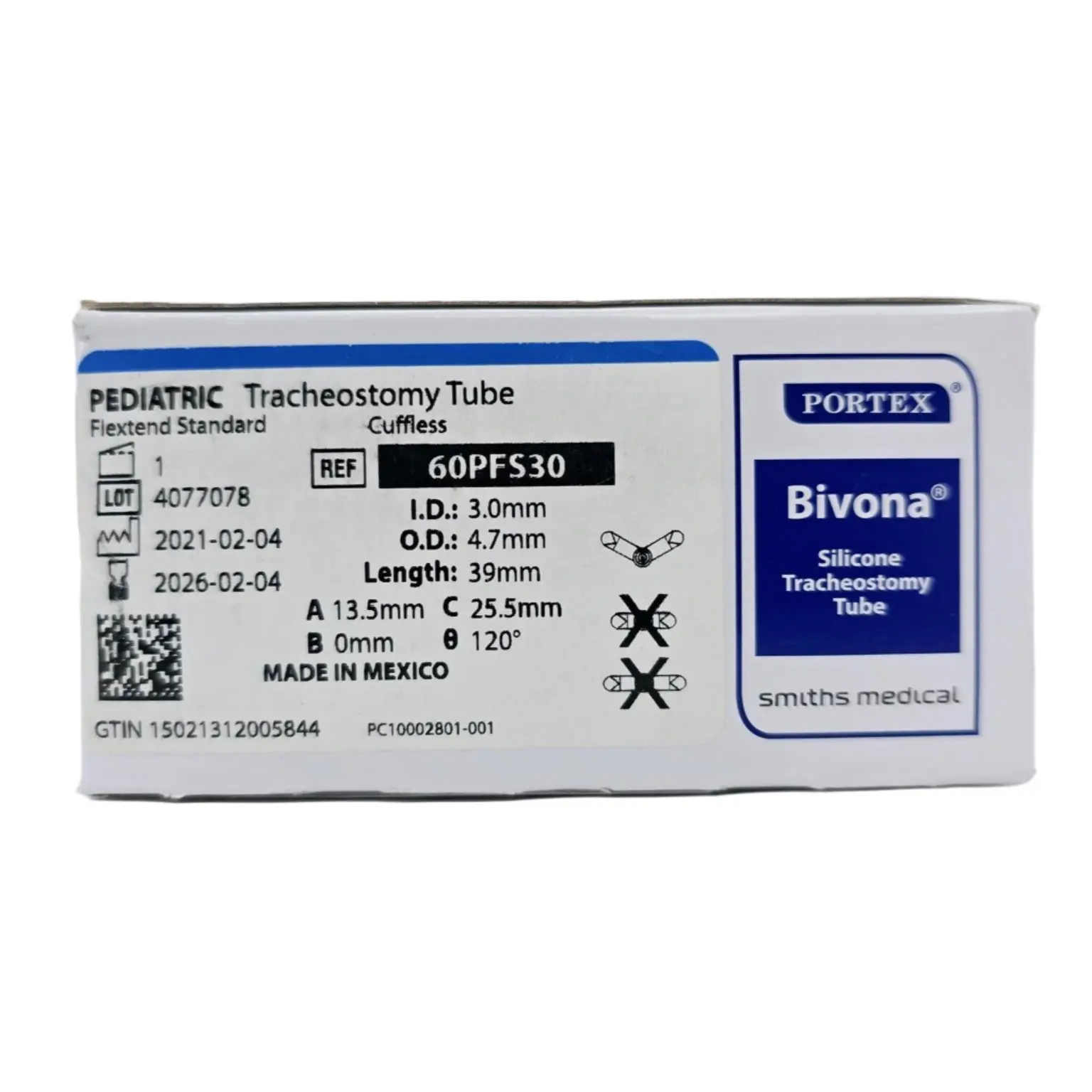 Smiths Medical 60PFS30 Portex Bivona Pediatric Tracheostomy Tube Flextend Standard Cuffless 39mm Length