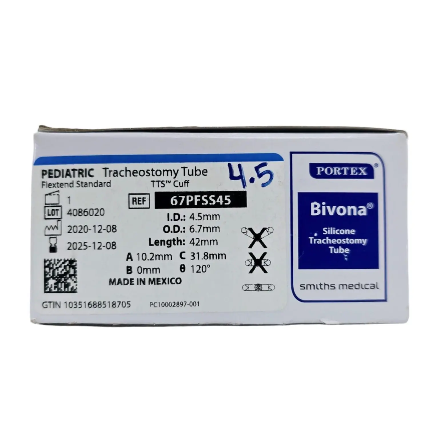Smiths Medical 67PFS45 Portex Bivona Pediatric Tracheostomy Tube Flextend Standard TTS Cuff 42mm Length