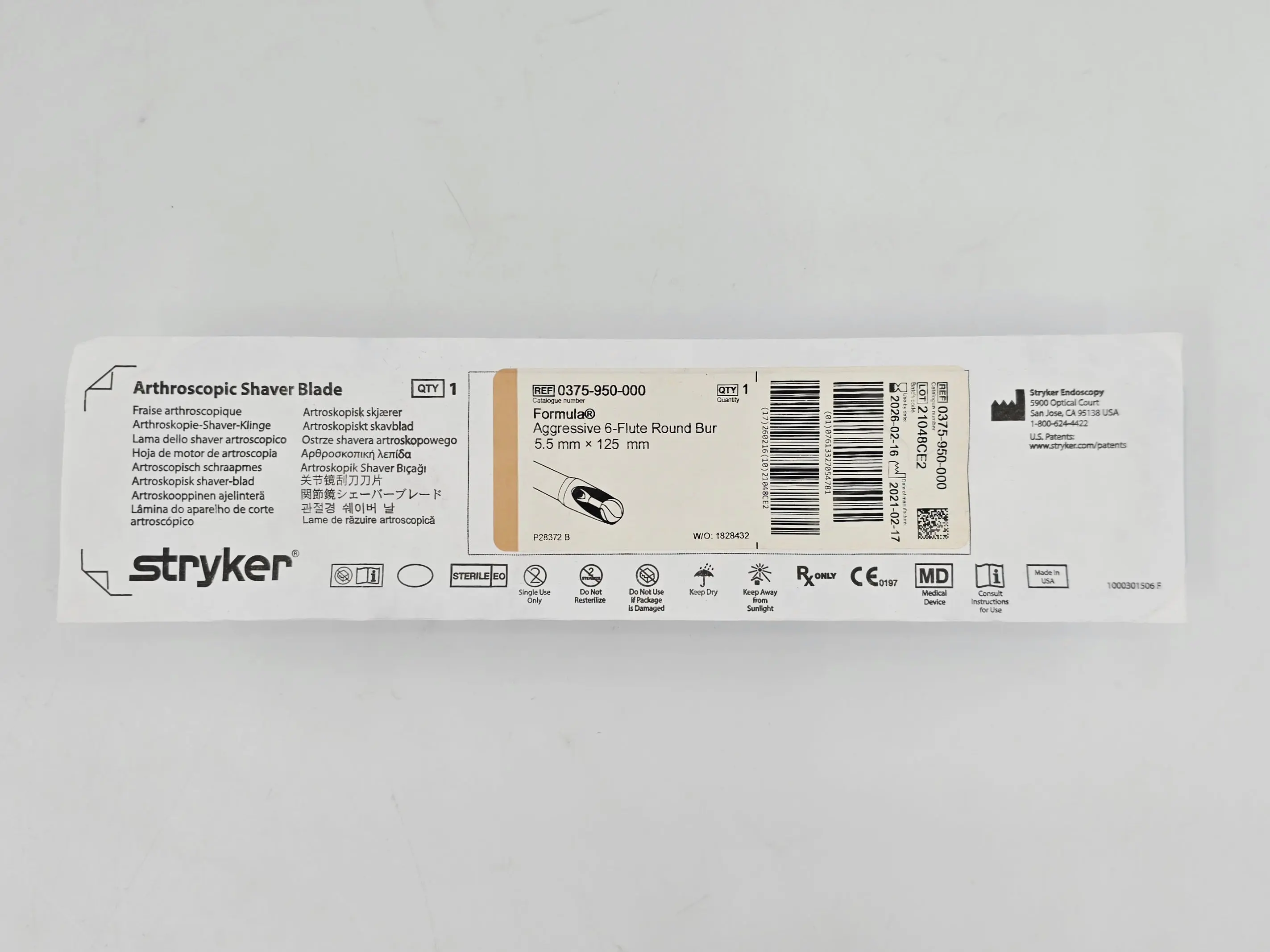 Stryker 0375-950-000 Formula Aggressive 6-Flute Round Bur Arthroscopic Shaver Blade 5.5mm x 125mm 1/EA - Image 2