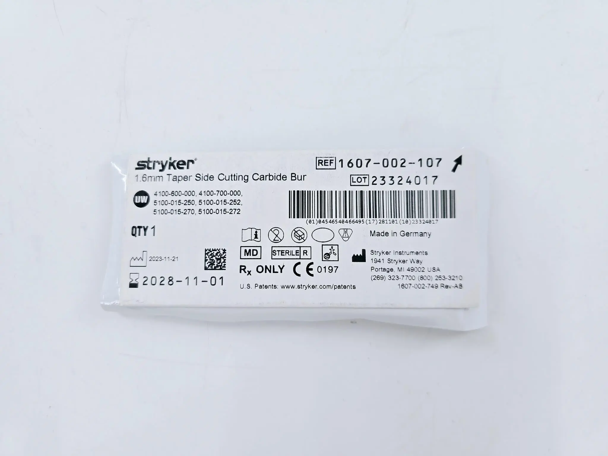 Stryker 1607-002-107 1.6mm Taper Side Cutting Carbide Bur - Image 2