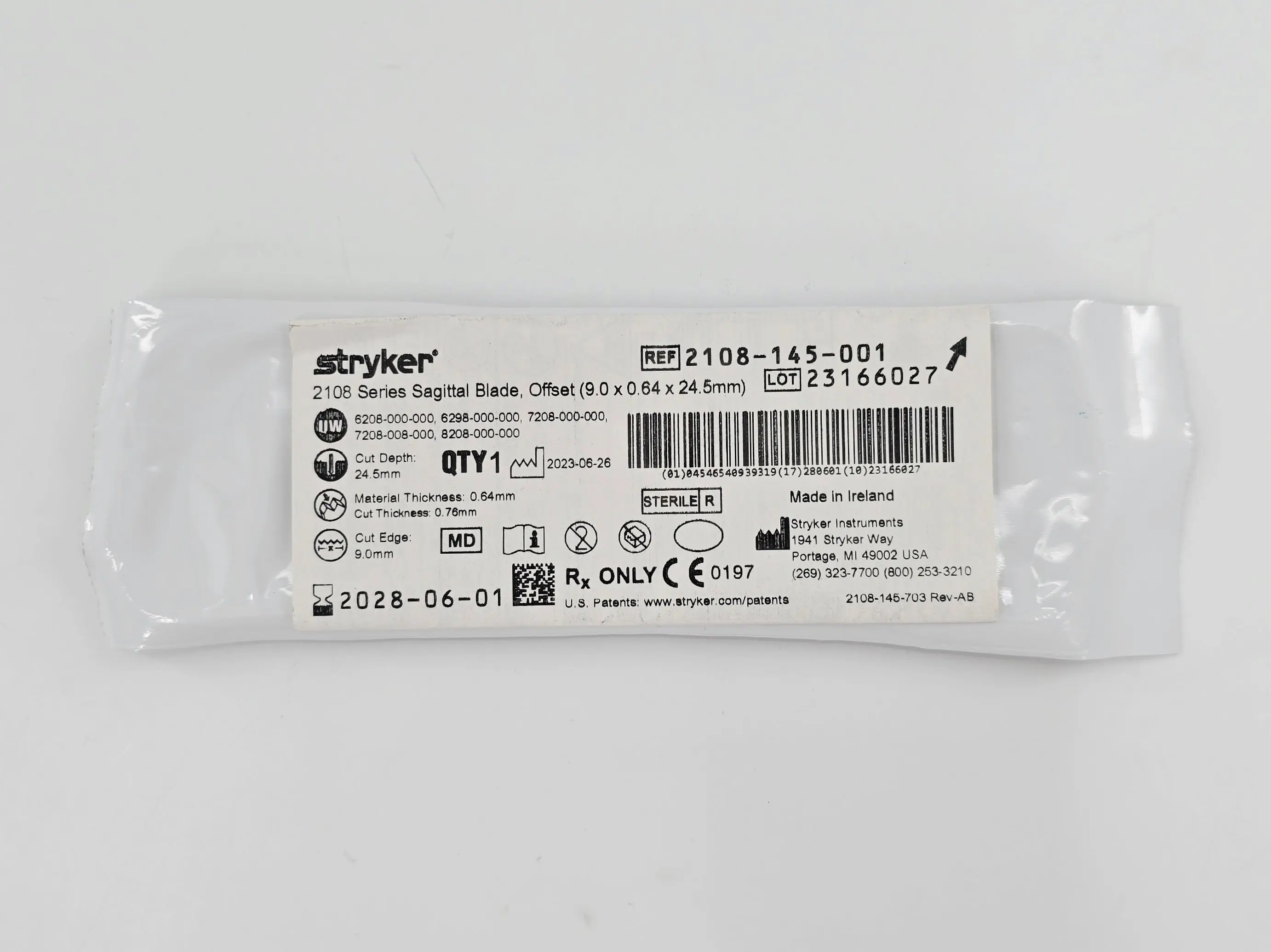 Stryker 2108-145-001 2108 Series Sagittal Blade Offset 9.0 x 0.64 x 24.5mm - Image 2