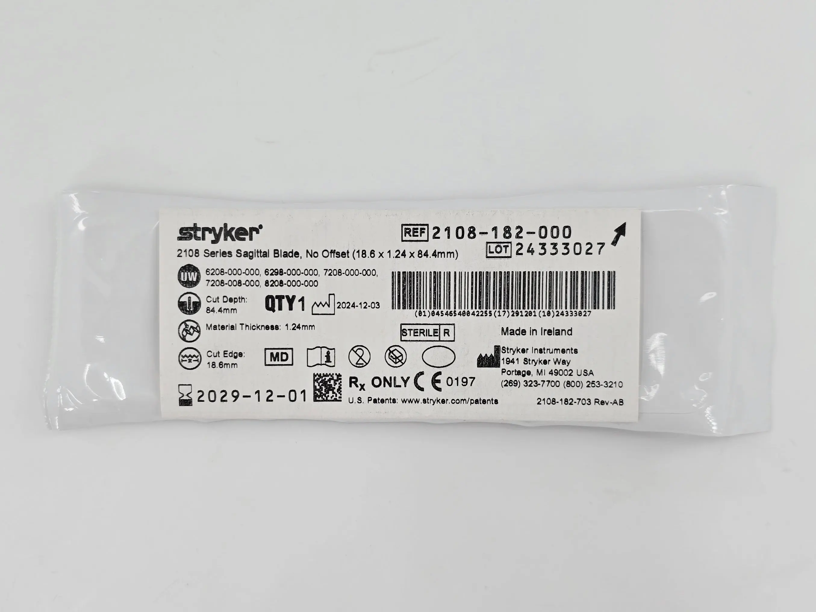 Stryker 2108-182-000 2108 Series Sagittal Blade No Offset 18.6 x 1.24 x 84.4mm - Image 2