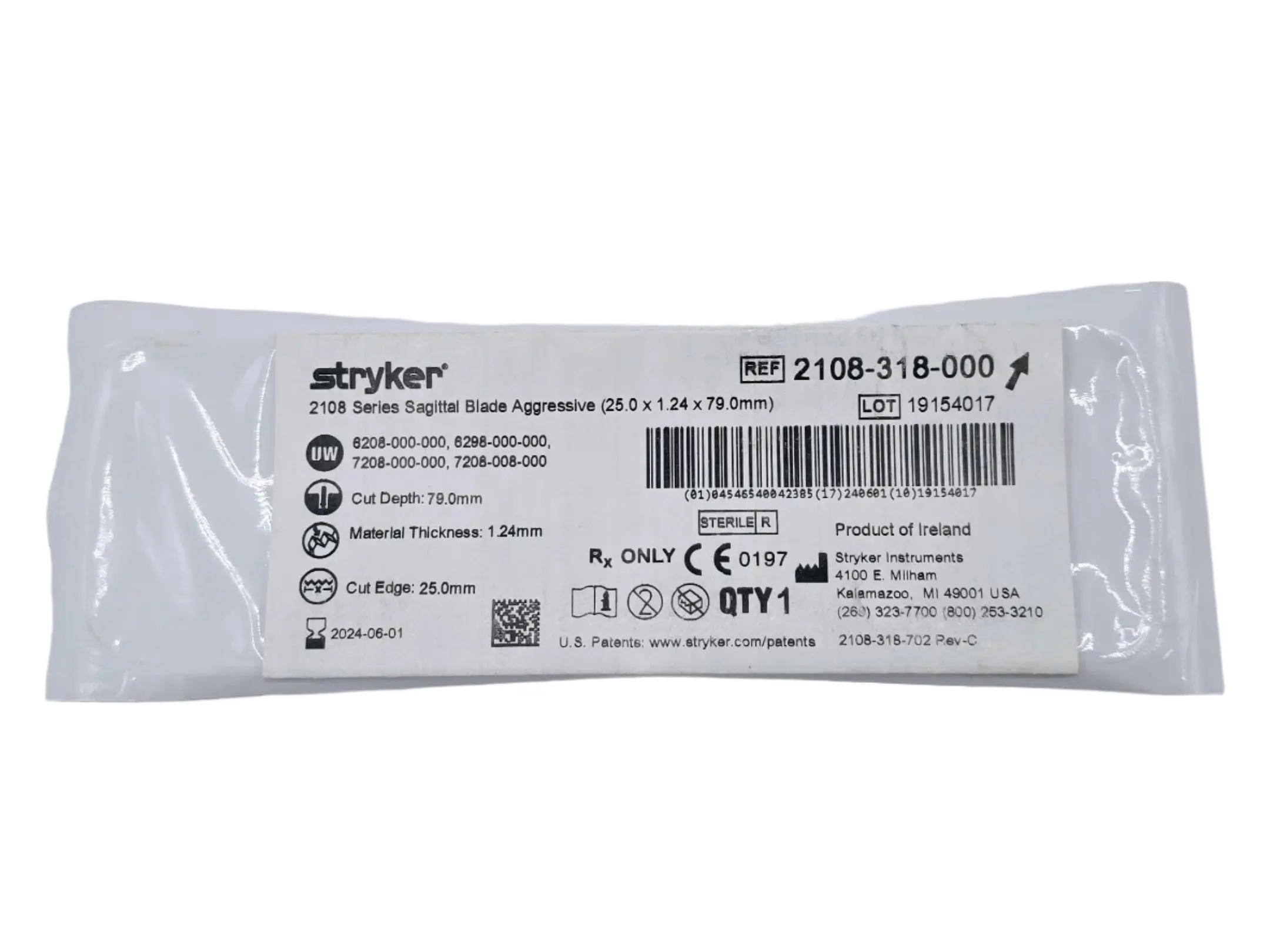 Stryker 2108-318-000 2108 Series Sagittal Blade Aggressive (25.0 x 1.24 x 79.0mm)