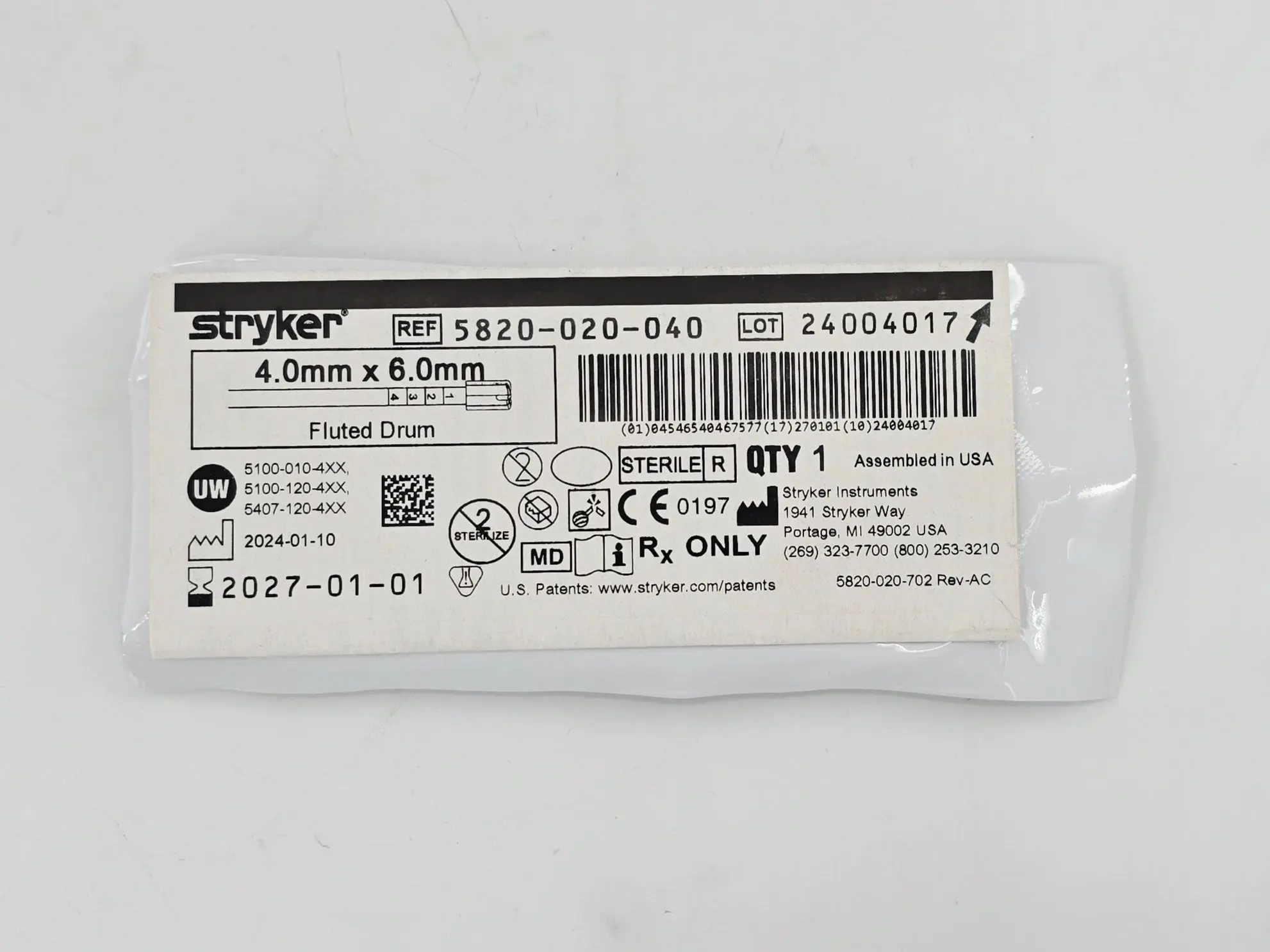 Stryker 5820-020-040 4.0mm x 6.0mm Fluted Drum Bur 1/EA - Image 2