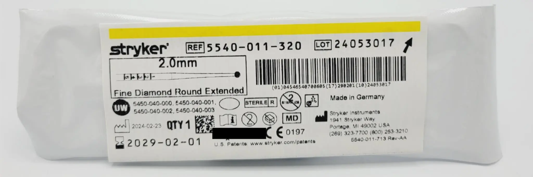 Stryker 5540-011-320 Fine Diamond Round Extended Bur 2.0mm Orthopedic - Image 2