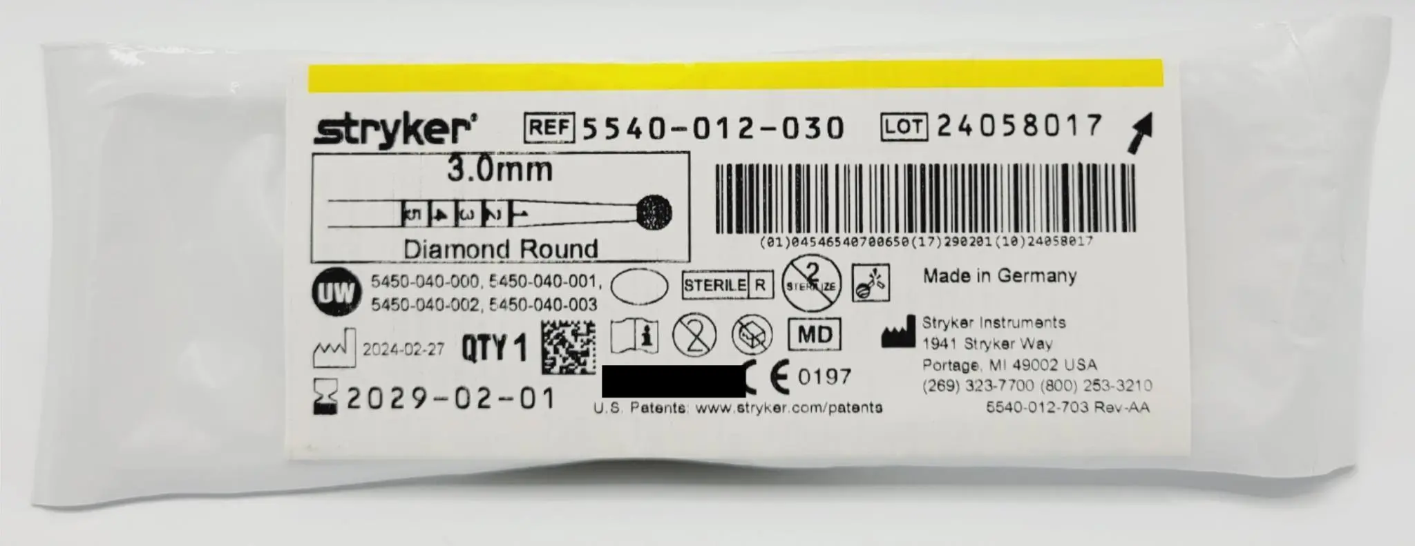 Stryker 5540-012-030 Diamond Round Bur 3.0mm Orthopedic - Image 2