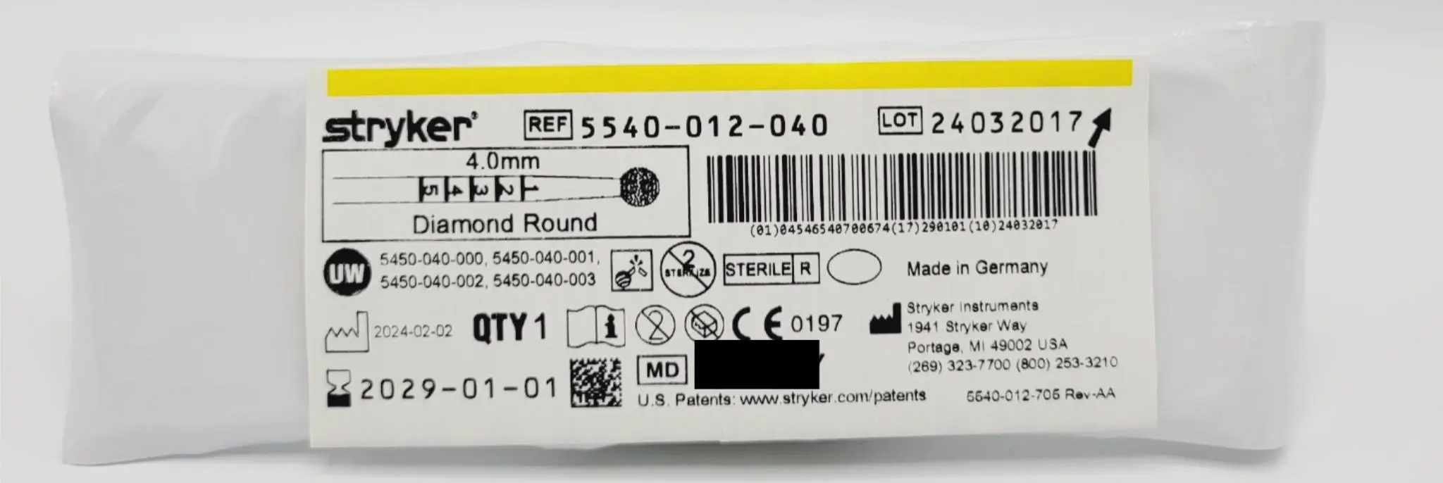 Stryker 5540-012-040 Diamond Round Bur 4.0mm Orthopedic - Image 2