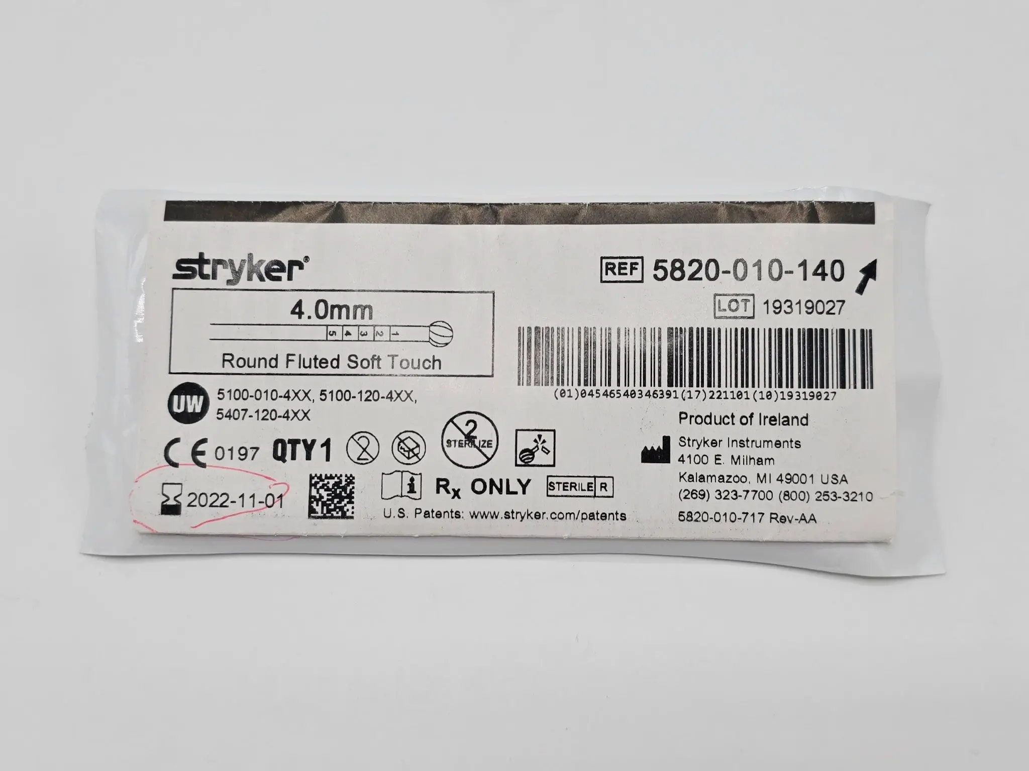 Stryker 5820-010-140 4.0mm Round Fluted Soft Touch Bur - Image 2